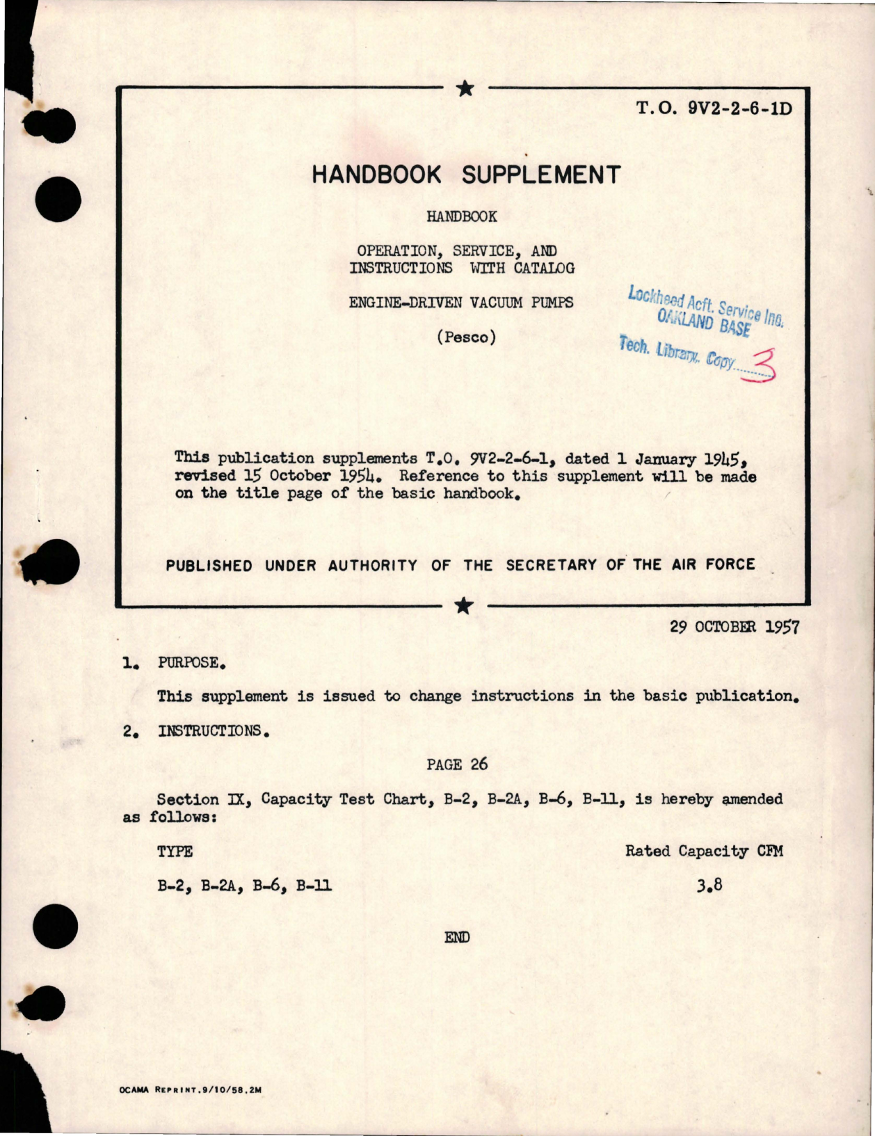 Sample page 1 from AirCorps Library document: Supplement to Operation, Service and Overhaul Instructions w Parts for Engine Driven Vacuum Pumps