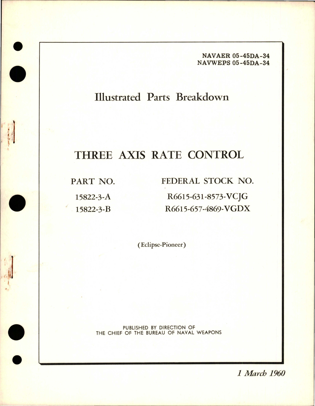 Sample page 1 from AirCorps Library document: Illustrated Parts Breakdown for Three Axis Rate Control - Parts 15822-3-A and 15822-3-B