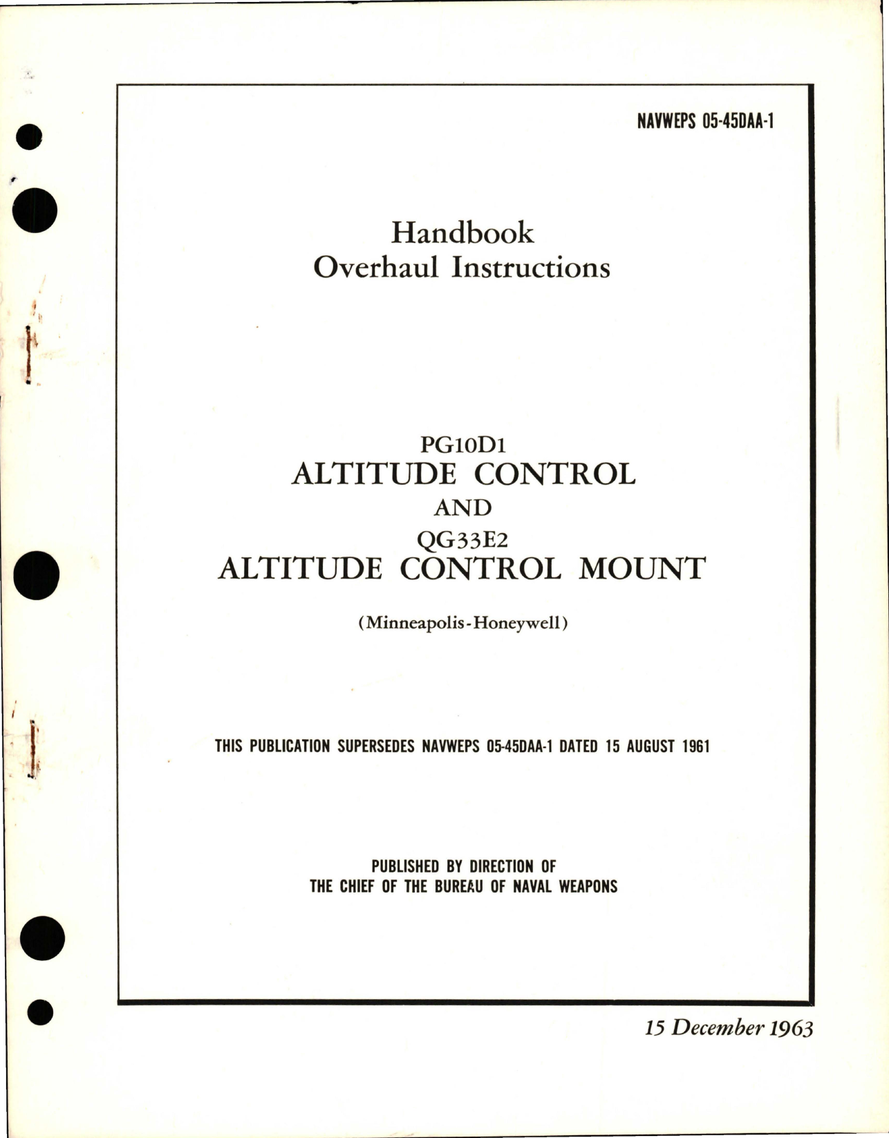 Sample page 1 from AirCorps Library document: Overhaul Instructions for Altitude Control - PG10D1 and Altitude Control Mount - QG33E2
