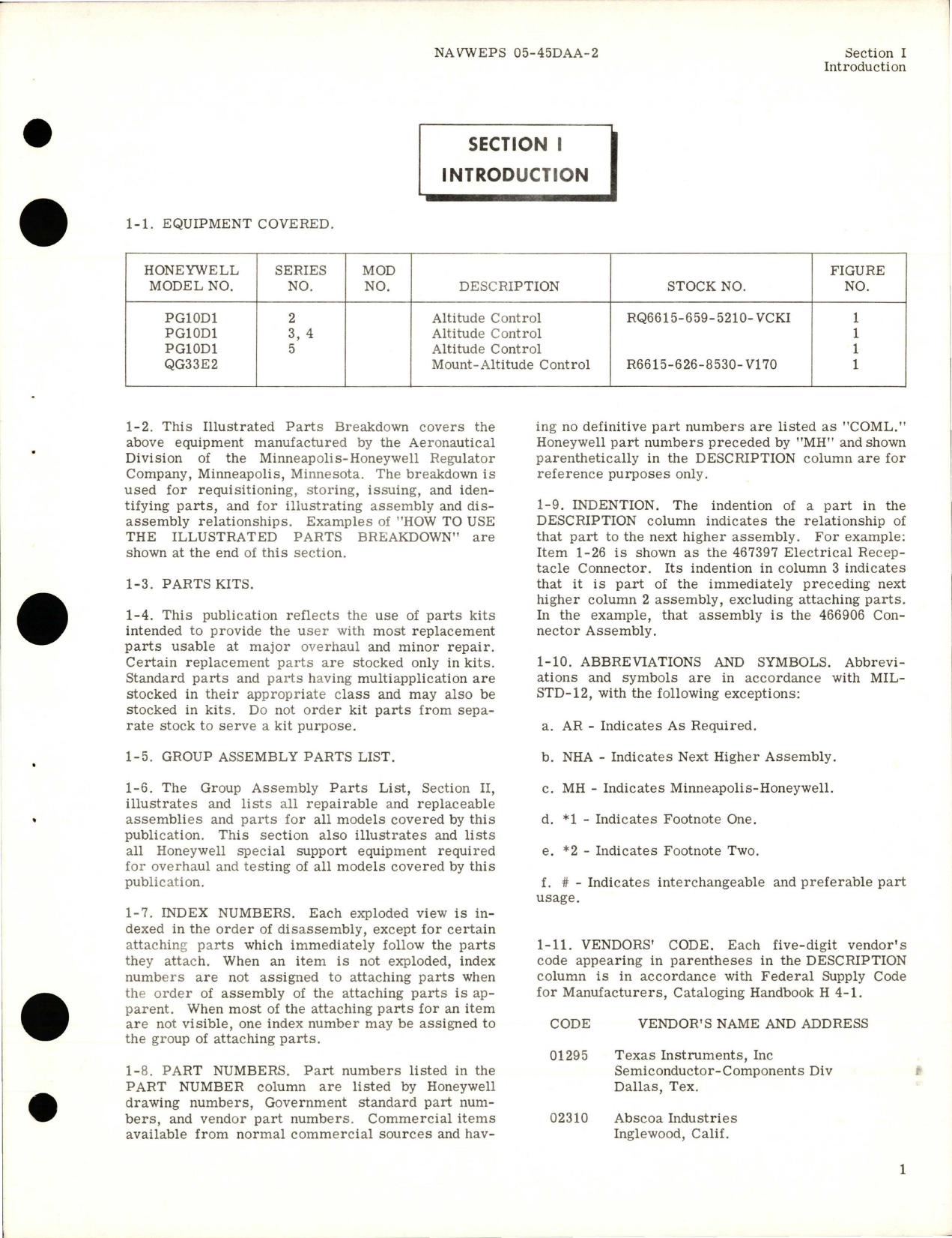 Sample page 5 from AirCorps Library document: Illustrated Parts Breakdown for Altitude Control - PG10D1 and Altitude Control Mount - QG33E2