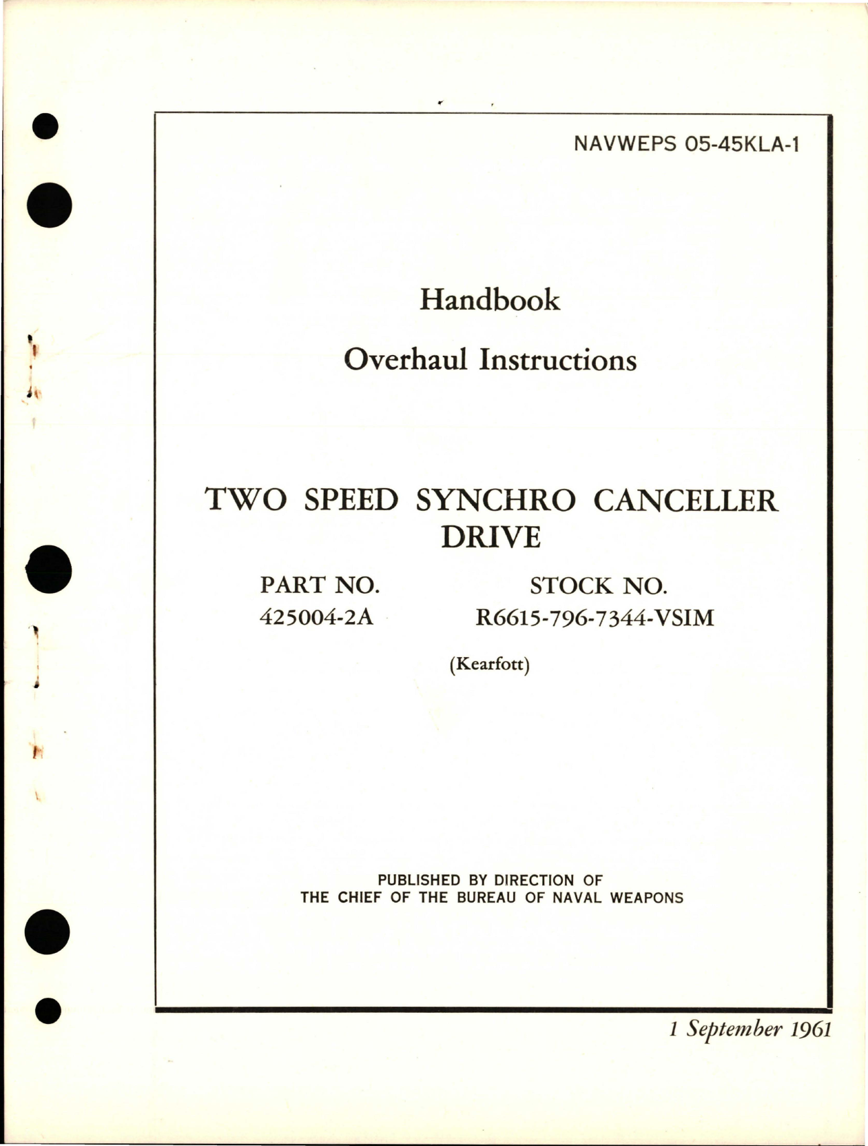 Sample page 1 from AirCorps Library document: Overhaul Instructions for Two Speed Synchro Canceller Drive - Part 425004-2A