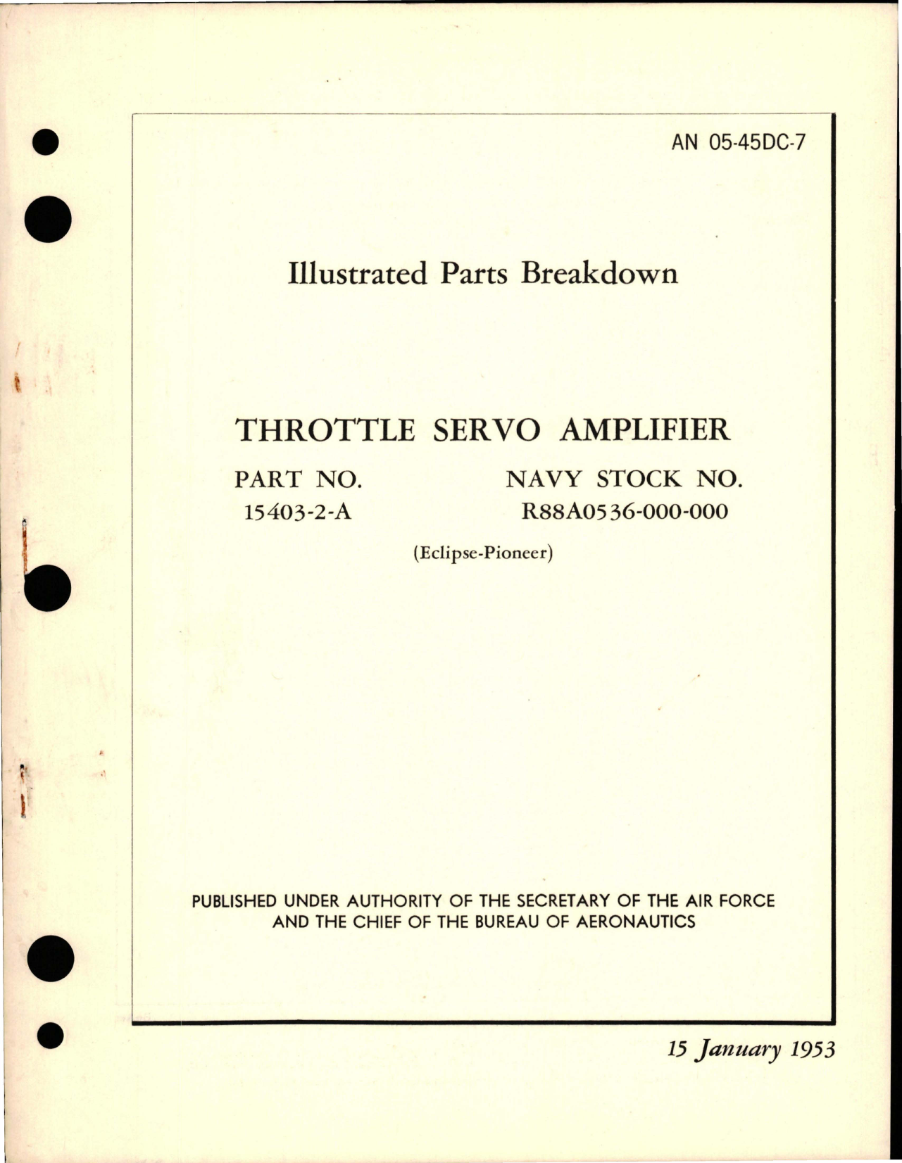Sample page 1 from AirCorps Library document: Illustrated Parts Breakdown for Throttle Servo Amplifier - Part 15403-2-A 