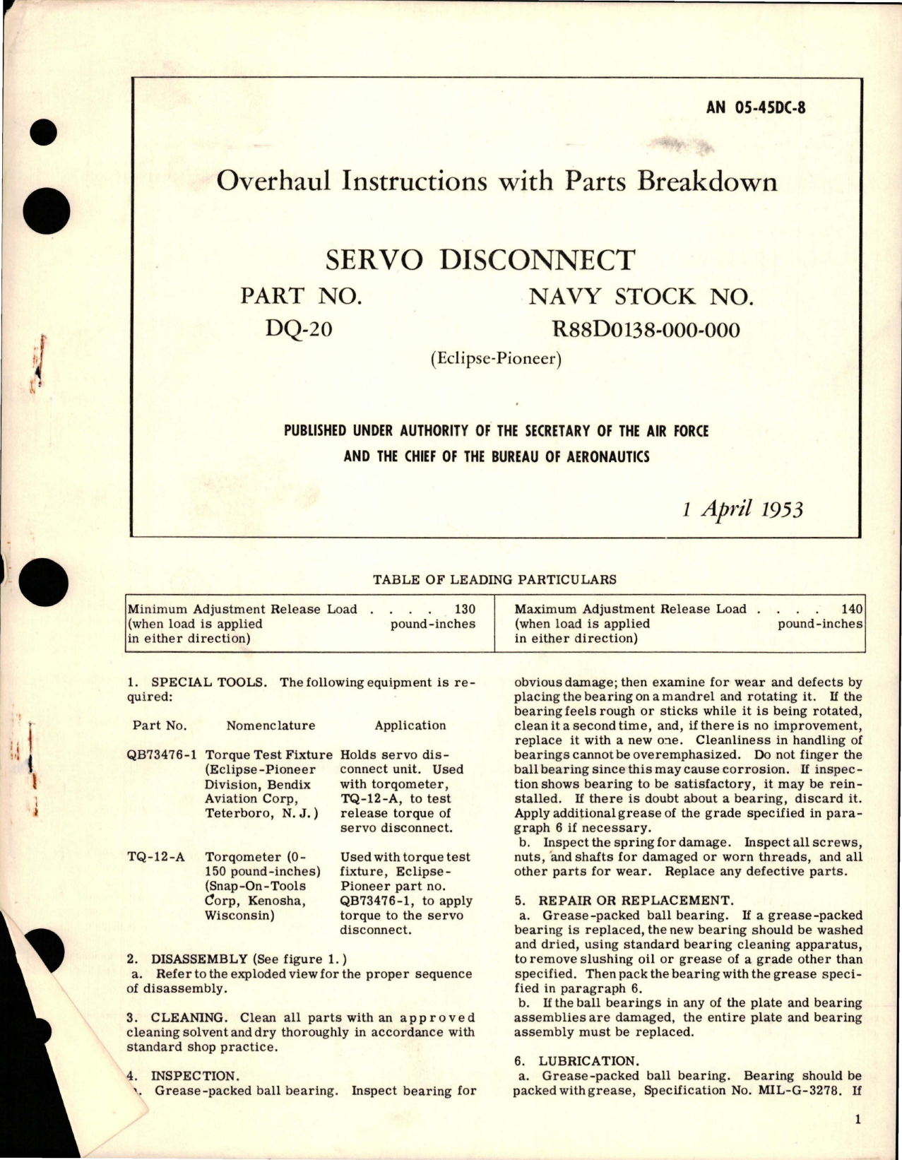 Sample page 1 from AirCorps Library document: Overhaul Instructions with Parts Breakdown for Servo Disconnect - Part DQ-20