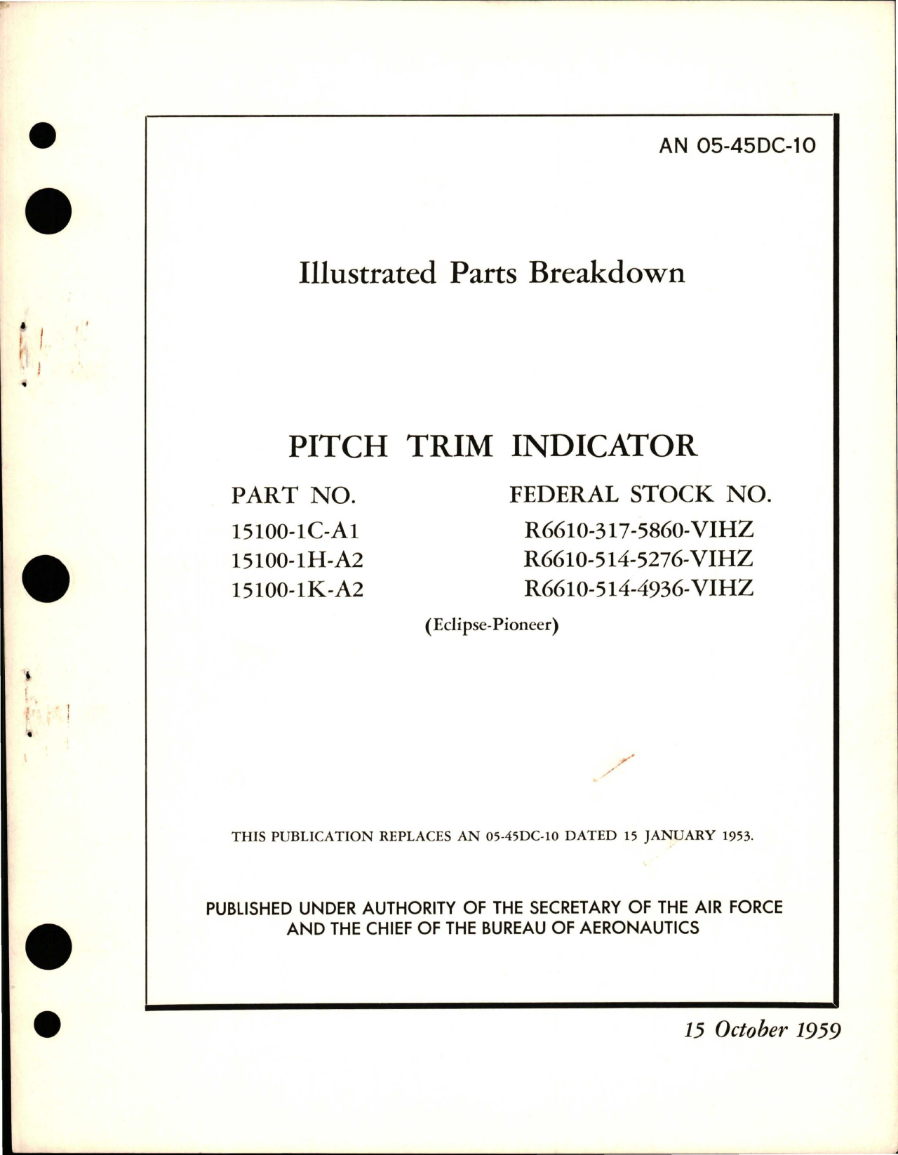 Sample page 1 from AirCorps Library document: Illustrated Parts Breakdown for Pitch Trim Indicator - Parts 15100-1C-A1, 15100-1H-A2, and 15100-1K-A2
