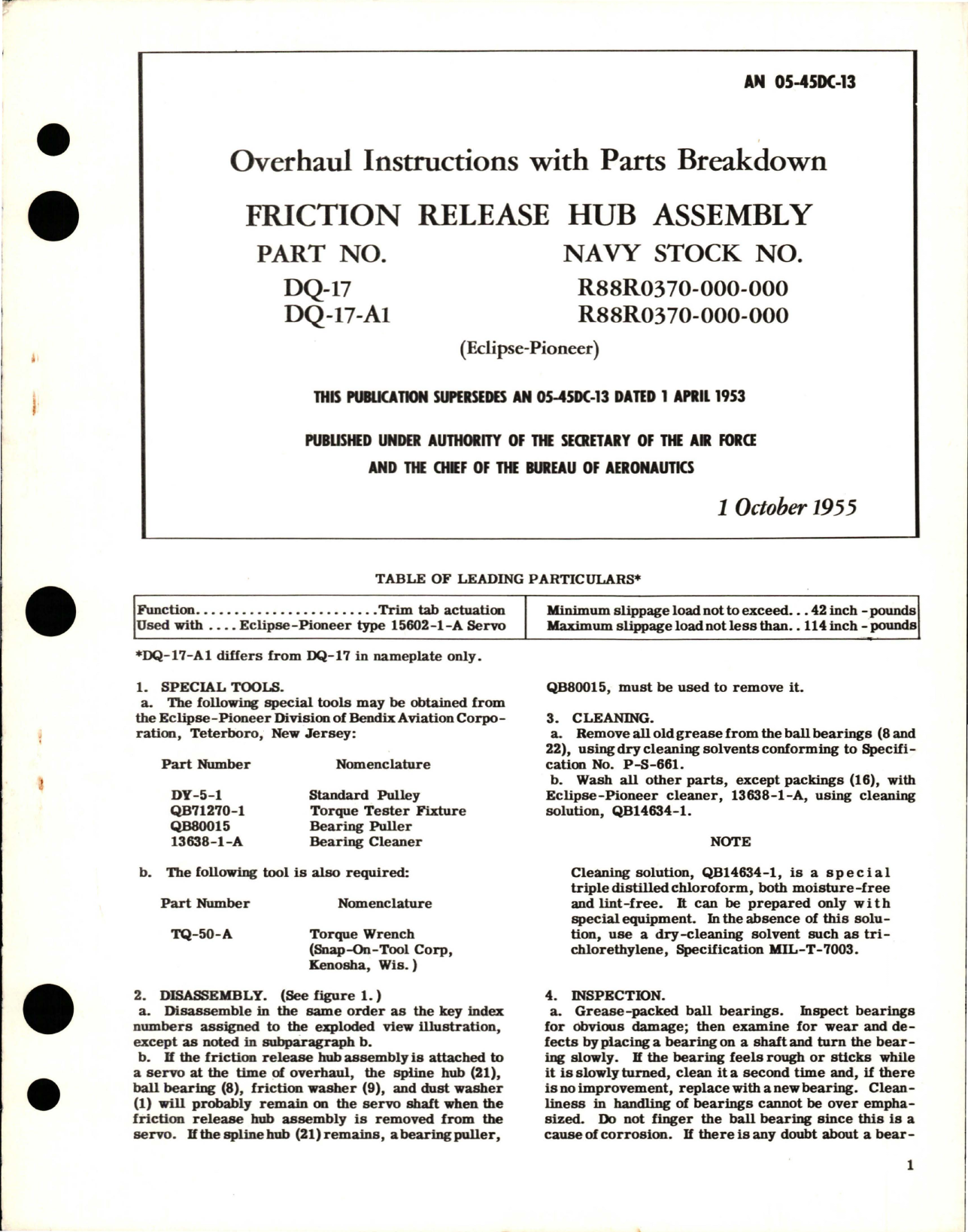 Sample page 1 from AirCorps Library document: Overhaul Instructions with Parts for Friction Release Hub Assembly - Parts DQ-17, DQ-17-A1 