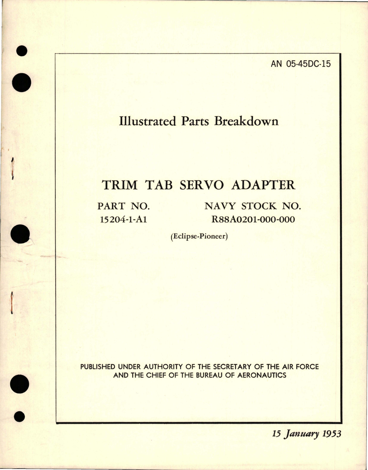 Sample page 1 from AirCorps Library document: Illustrated Parts Breakdown for Trim Tab Servo Adapter - Part 15204-1-A1