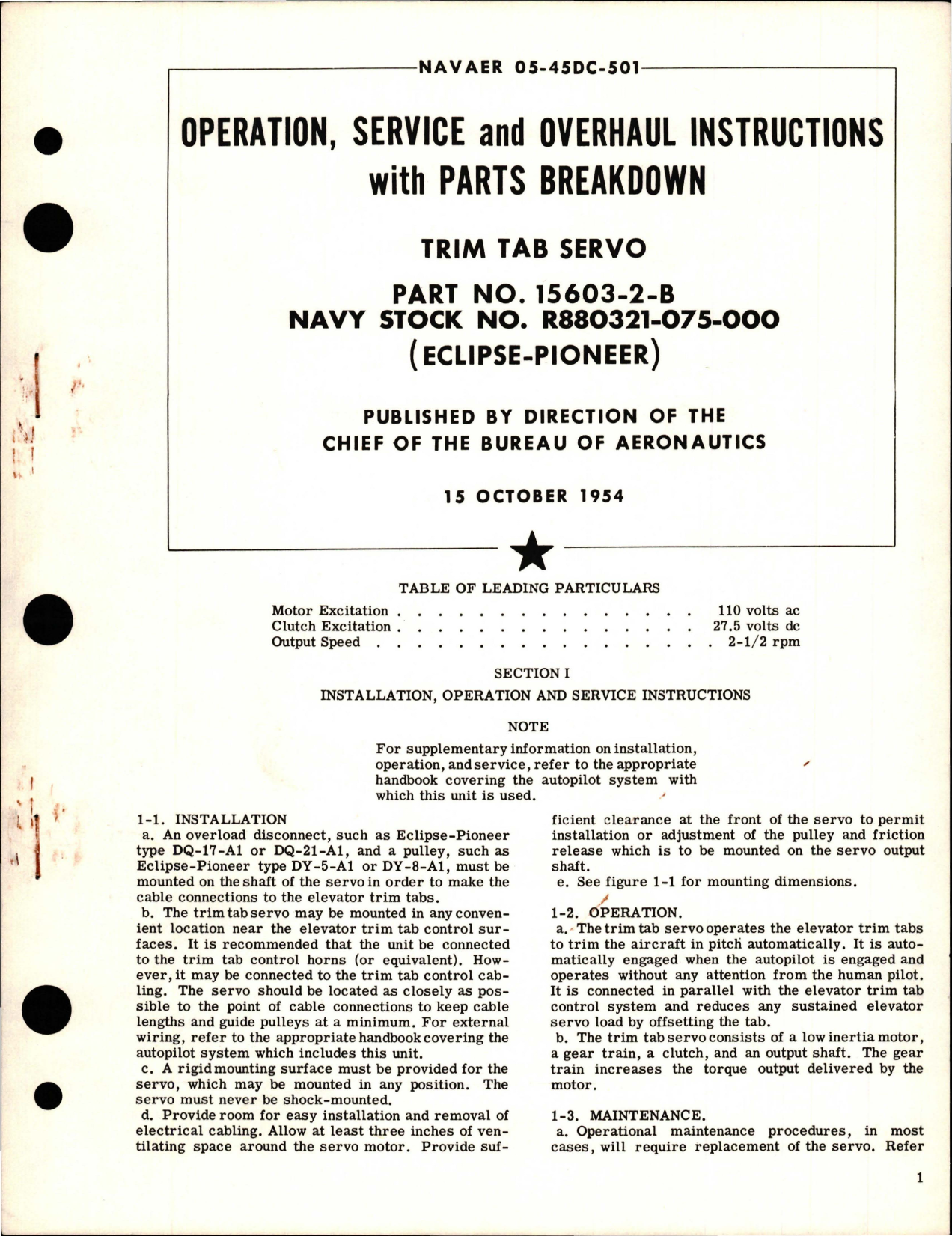 Sample page 1 from AirCorps Library document: Operation, Service and Overhaul Instructions with Parts for Trim Tab Servo - Part 15603-2-B