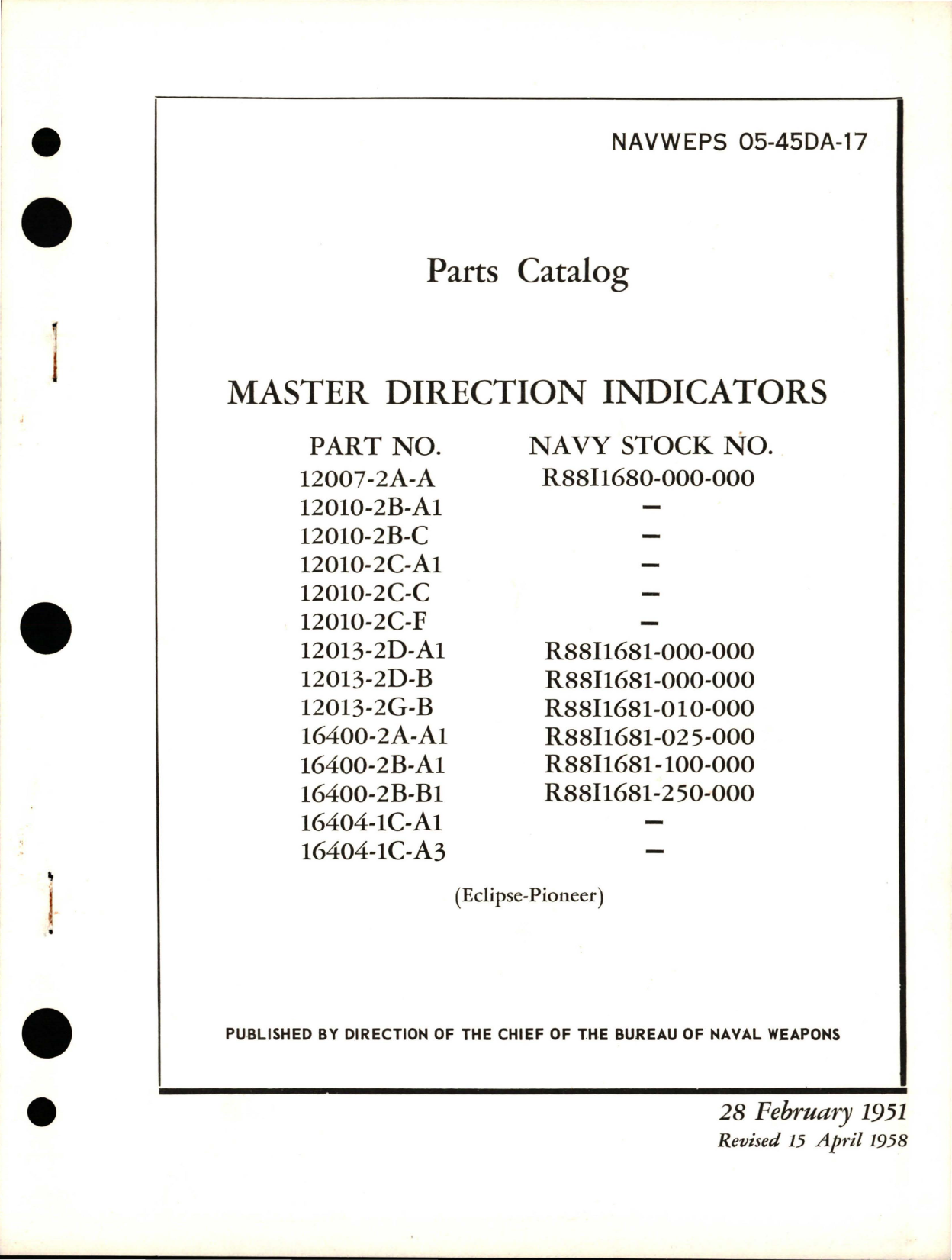 Sample page 1 from AirCorps Library document: Parts Catalog for Master Direction Indicators