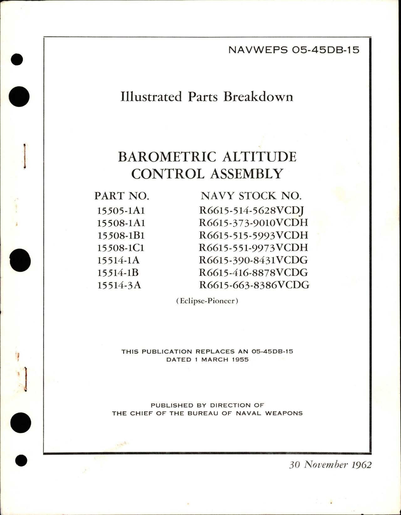 Sample page 1 from AirCorps Library document: Illustrated Parts Breakdown for Barometric Altitude Control Assembly