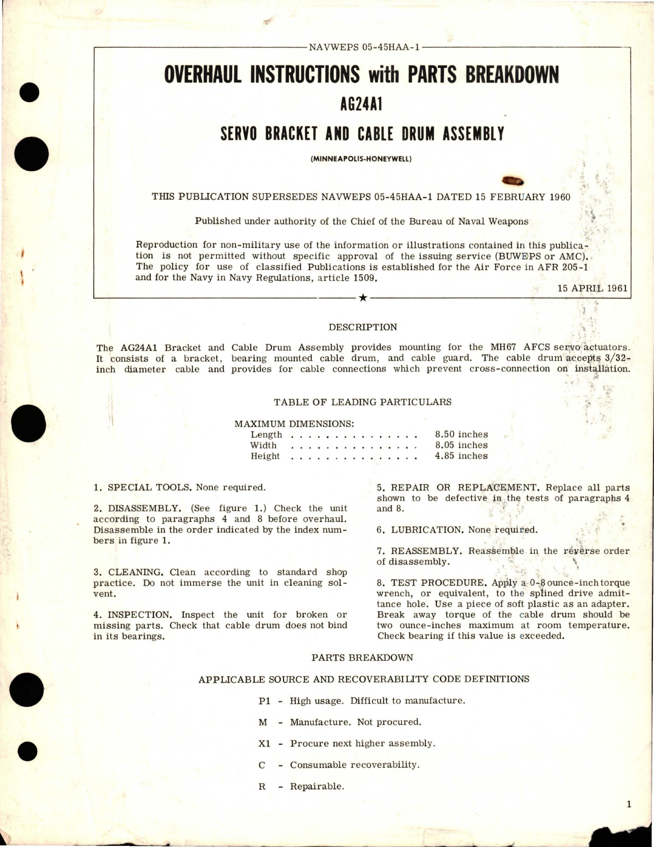 Sample page 1 from AirCorps Library document: Overhaul Instructions with Parts for Servo Bracket and Cable Drum Assembly - AG24A1 