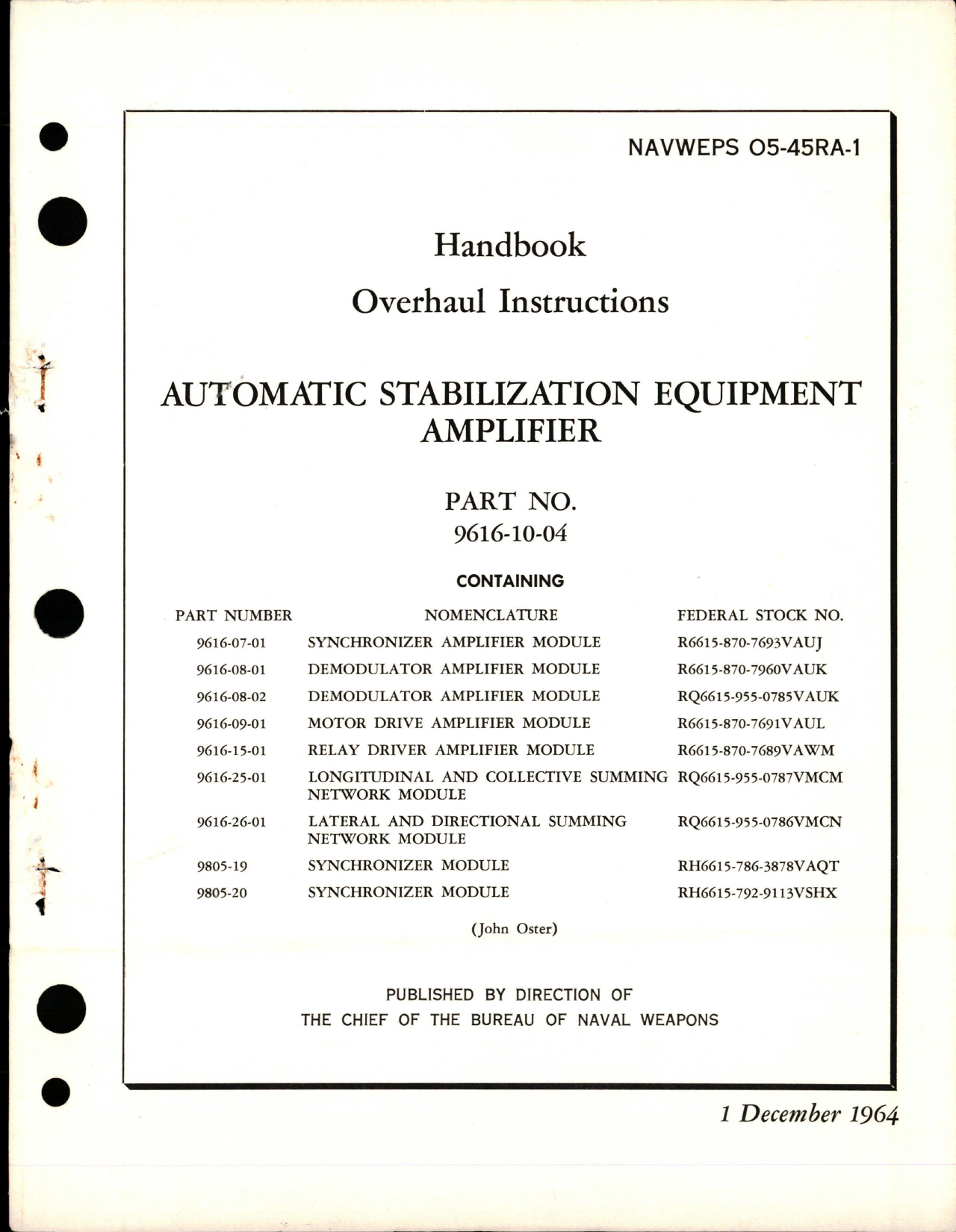 Sample page 1 from AirCorps Library document: Overhaul Instructions for Automatic Stabilization Equipment Amplifier - Part 9616-10-04