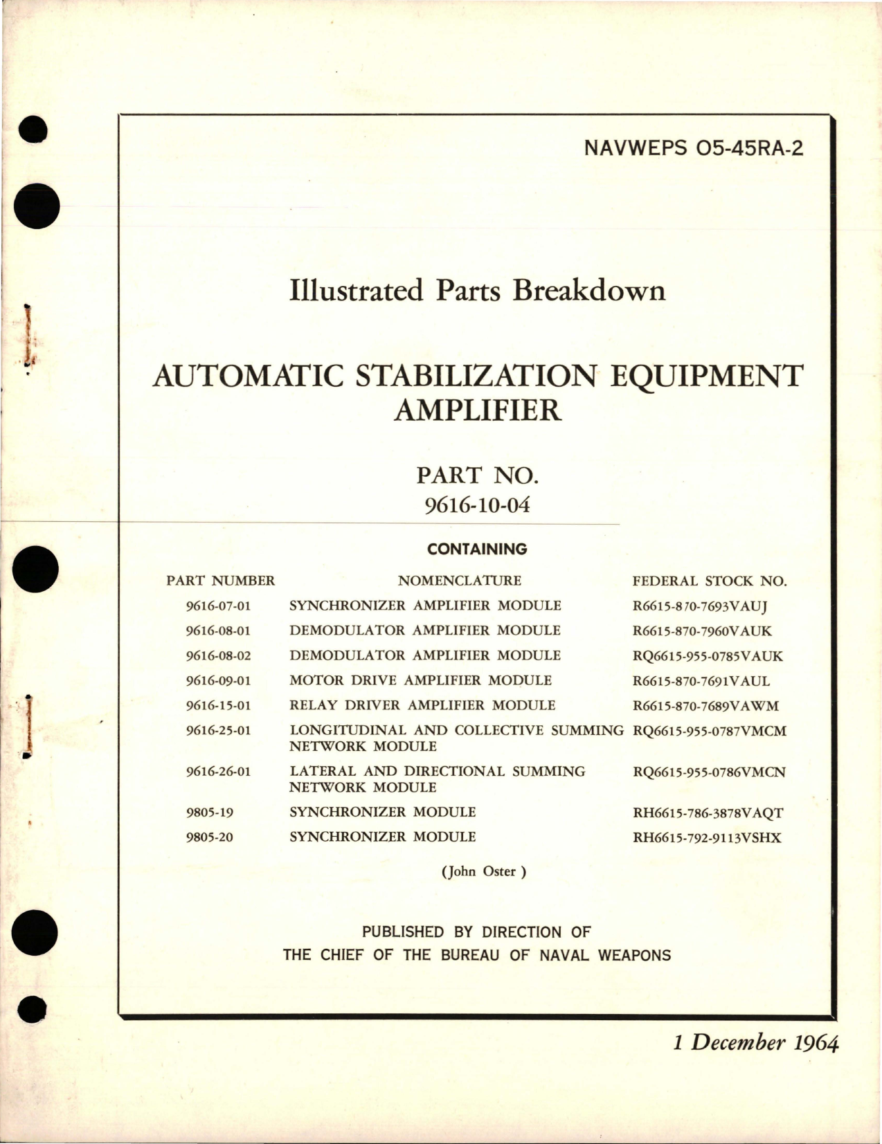 Sample page 1 from AirCorps Library document: Illustrated Parts Breakdown for Automatic Stabilization Equipment Amplifier - Part 9616-10-04 