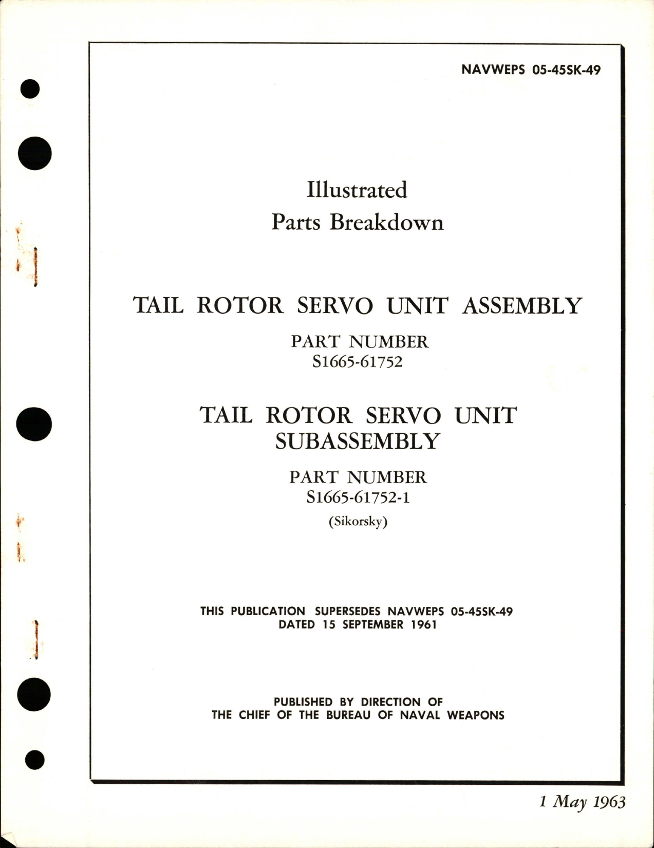 Sample page 1 from AirCorps Library document: Illustrated Parts Breakdown for Tail Rotor Servo Unit Assembly - Part S1665-61752 and Tail Rotor Servo Unit Subassembly - Part S1665-61752-1