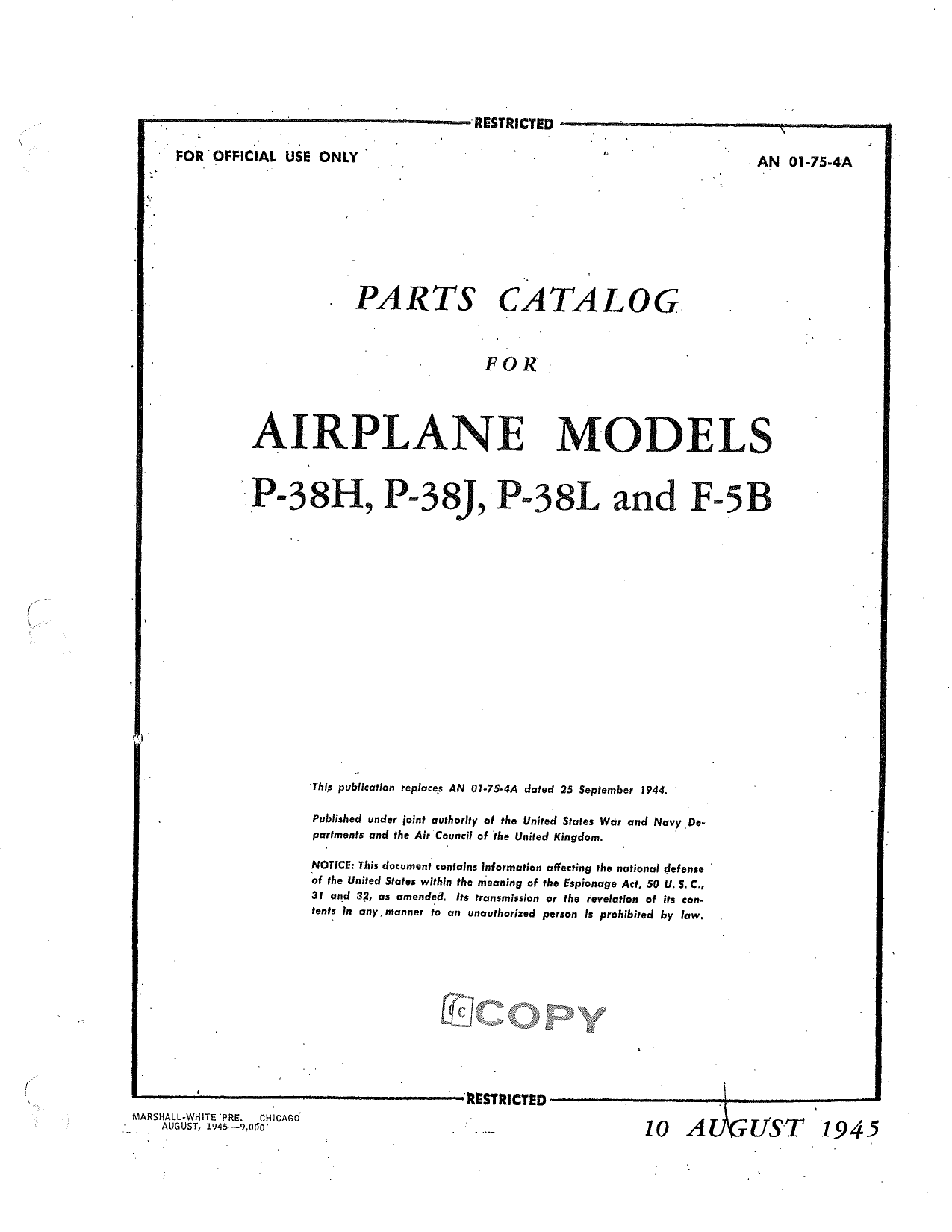 Sample page 1 from AirCorps Library document: Parts Catalog for Airplane Models P-38H, P-38J, P-38L, and F-5B