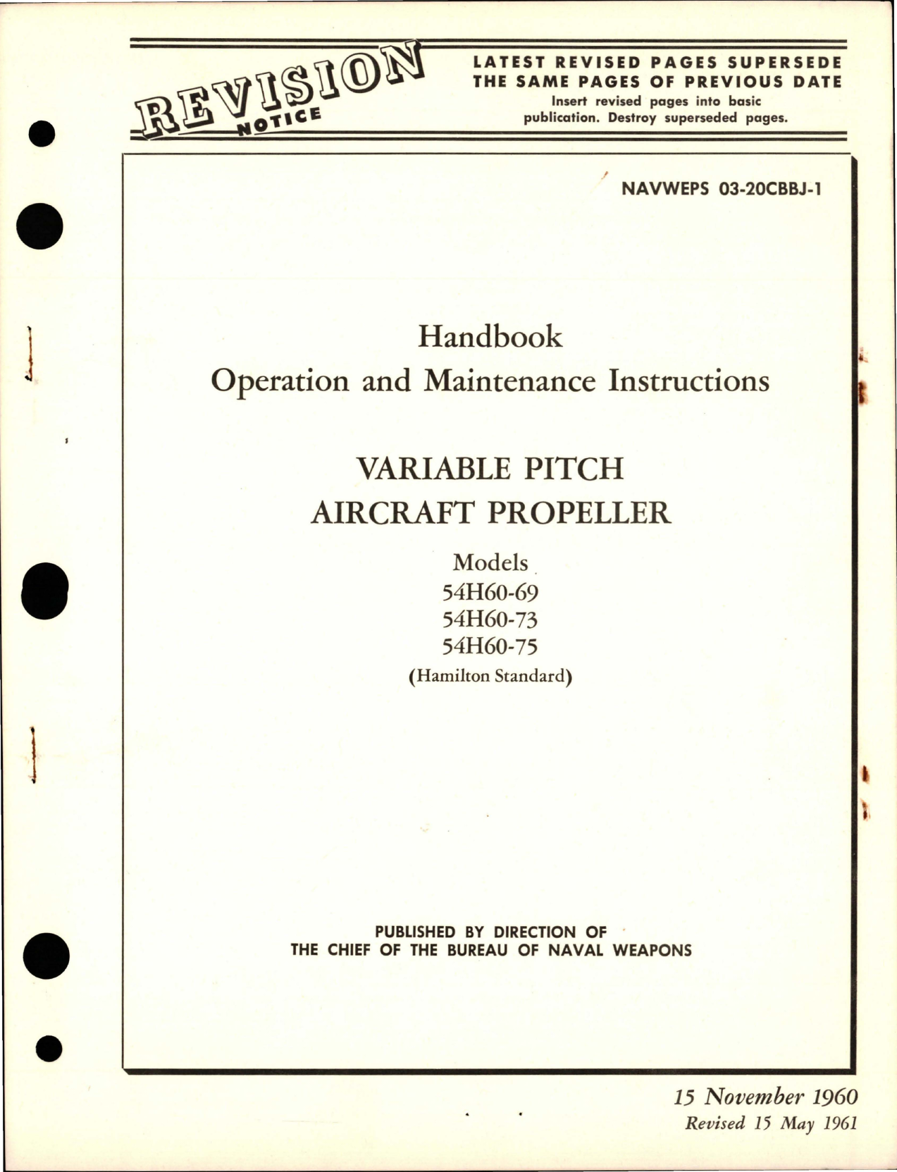 Sample page 1 from AirCorps Library document: Operation and Maintenance Instructions for Variable Pitch Propeller - Models 54H60-69, 54H60-75, and 54H60-73