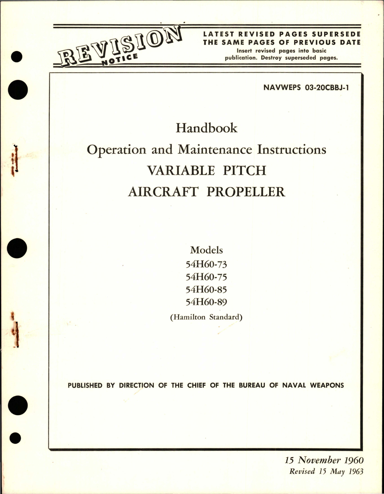 Sample page 1 from AirCorps Library document: Operation and Maintenance Instructions for Variable Pitch Propeller - Models 54H60-73, 54H60-75, 54H60-85, and 54H60-89