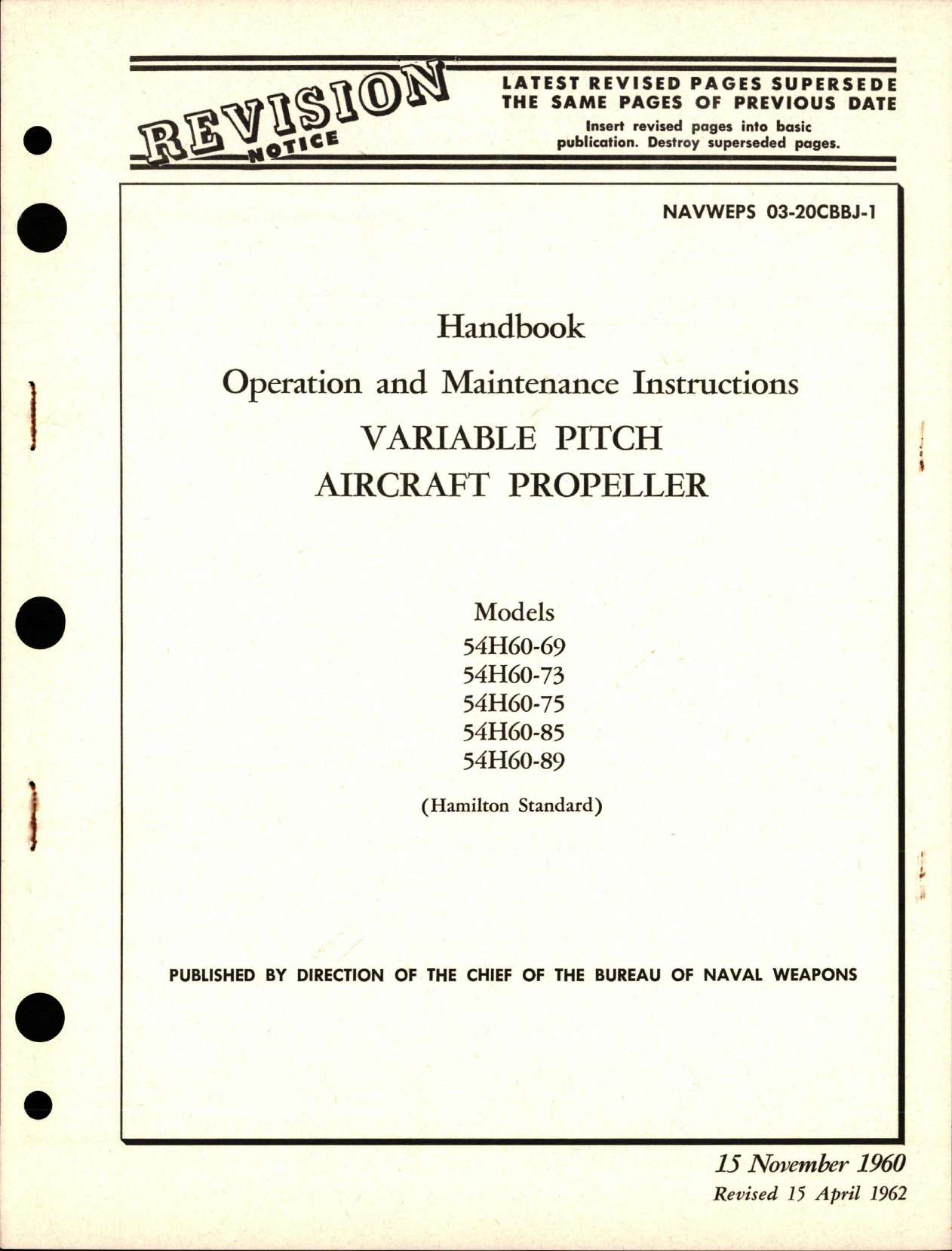Sample page 1 from AirCorps Library document: Operation and Maintenance Instructions for Variable Pitch Propeller - Models 54H60-69, 54H60-73, 54H60-75, 54H60-85, and 54H60-89