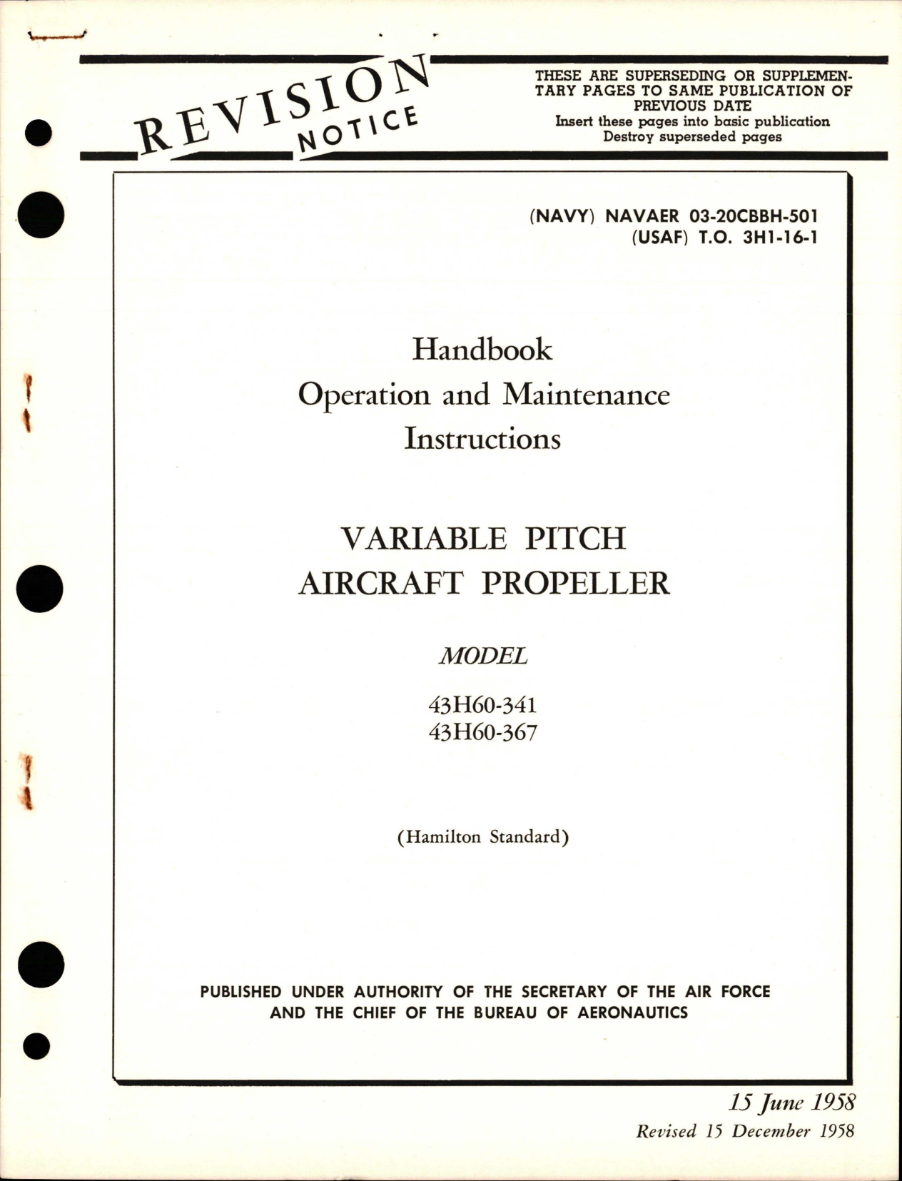 Sample page 1 from AirCorps Library document: Operation and Maintenance Instructions for Variable Pitch Propeller - Model 43H60-341 and 43H60-367