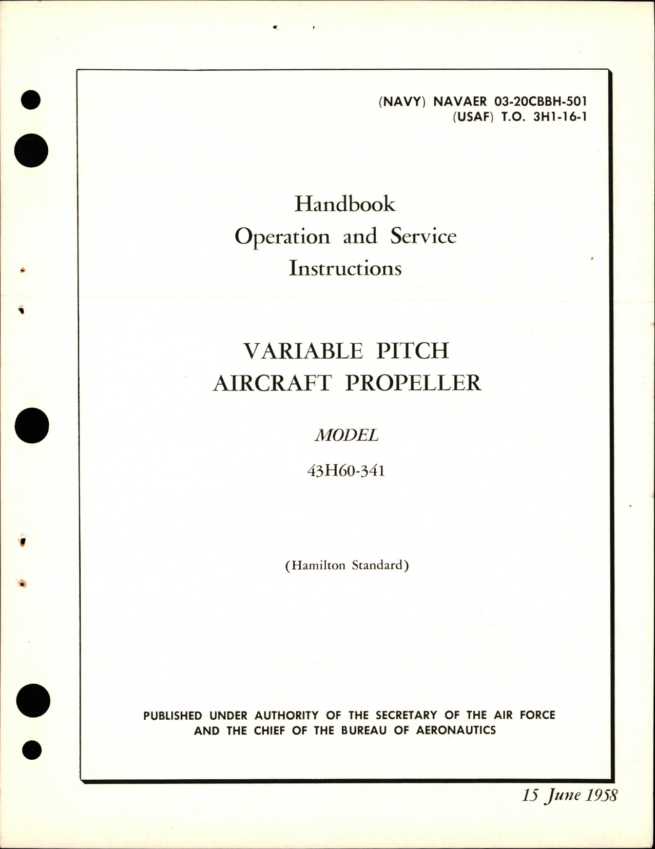 Sample page 1 from AirCorps Library document: Operation and Service Instructions for Variable Pitch Propeller - Model 43H60-341