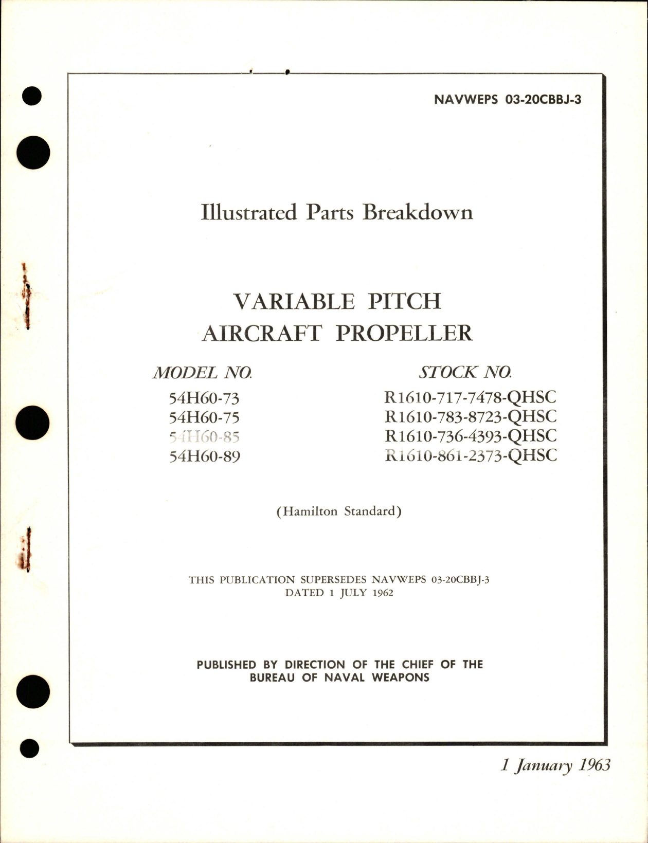 Sample page 1 from AirCorps Library document: Variable Pitch Propeller - Model 54H60-73, 54H60-75, 54H60-85, and 54H60-89