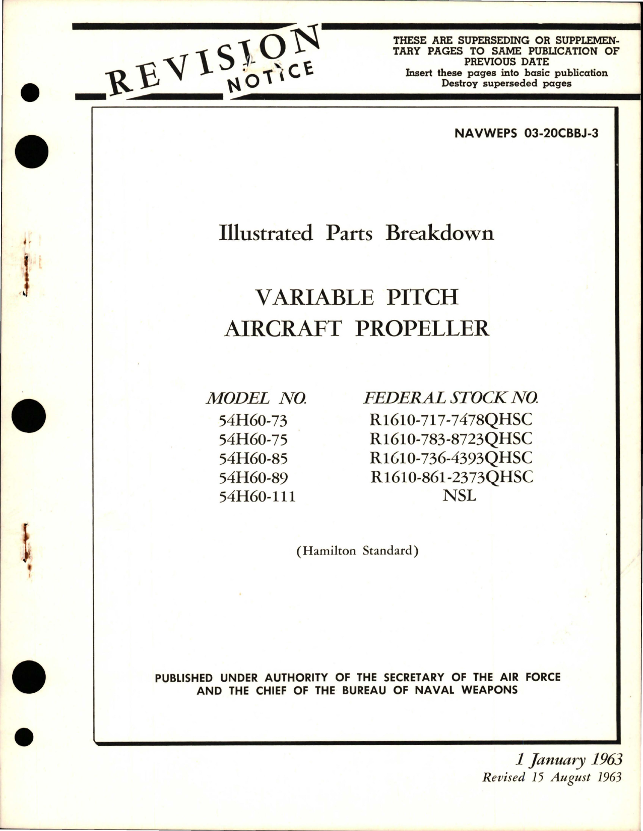 Sample page 1 from AirCorps Library document: Variable Pitch Propeller - Model 54H60-73, 54H60-75, 54H60-85, 54H60-89, and 54H60-111