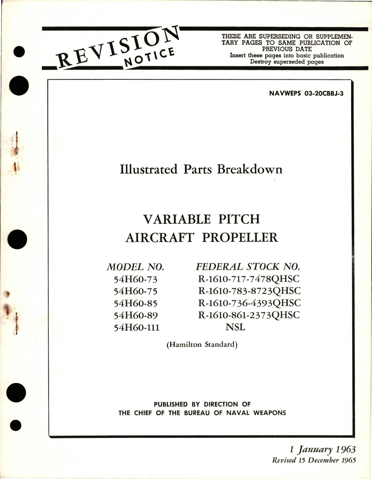Sample page 1 from AirCorps Library document: Variable Pitch Propeller - Model 54H60-73, 54H60-75, 54H60-85, 54H60-89, and 54H60-111