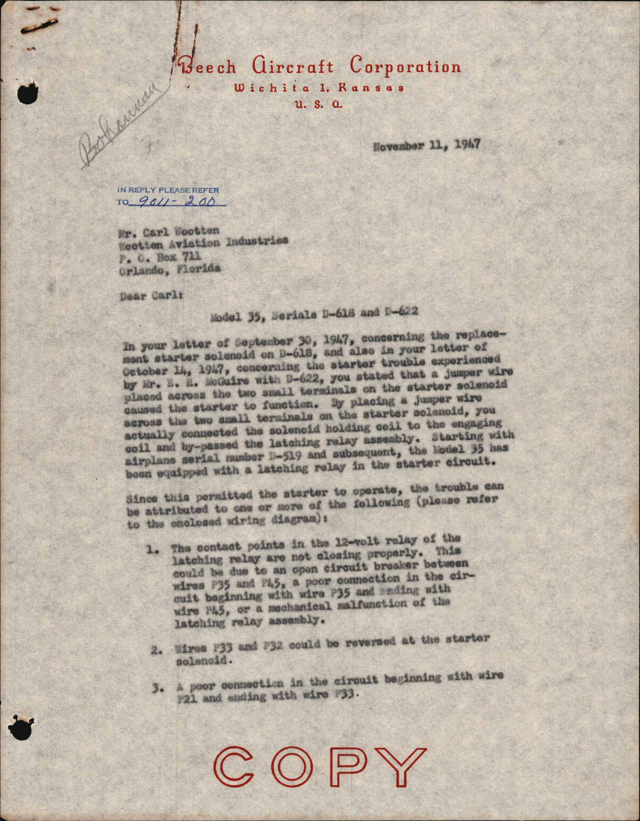 Sample page 1 from AirCorps Library document: Replacement Starter Solenoid, Starter Trouble for Model 35