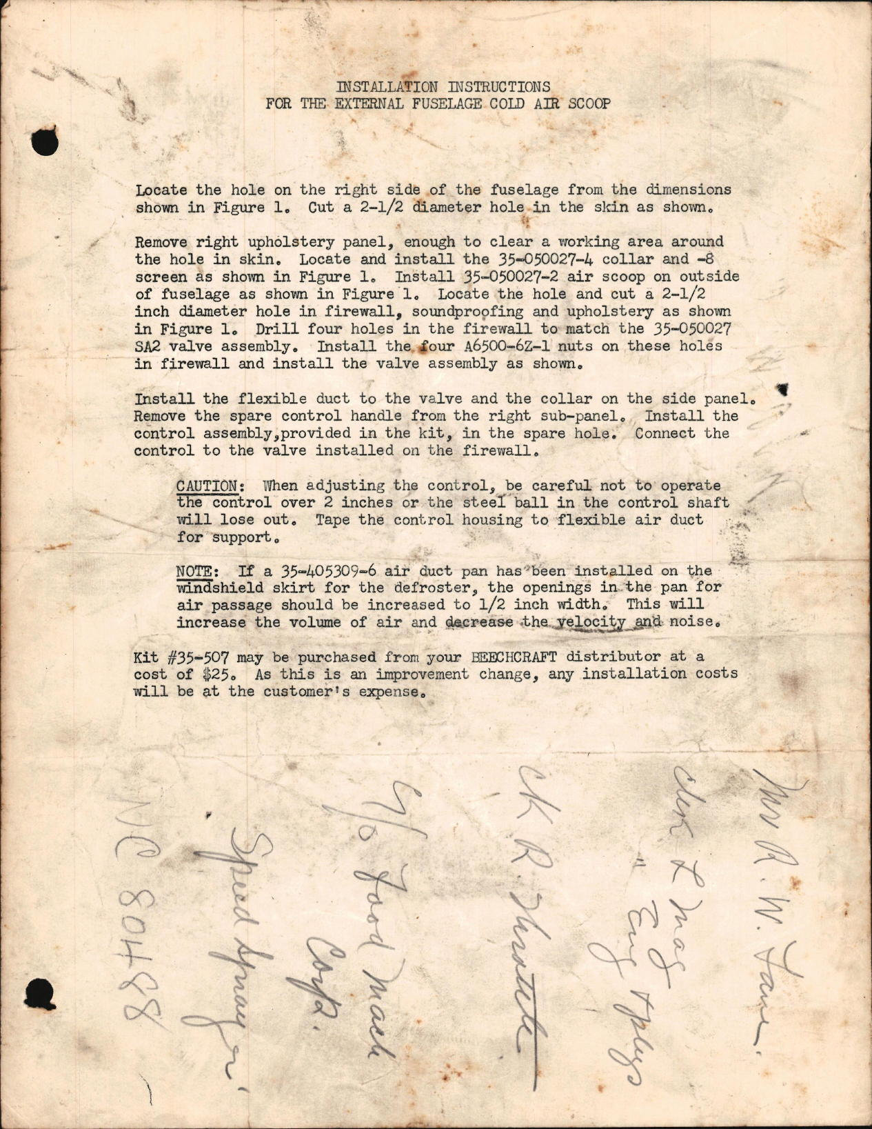 Sample page 1 from AirCorps Library document: Installation Instructions for the External Fuselage Cold Air Scoop