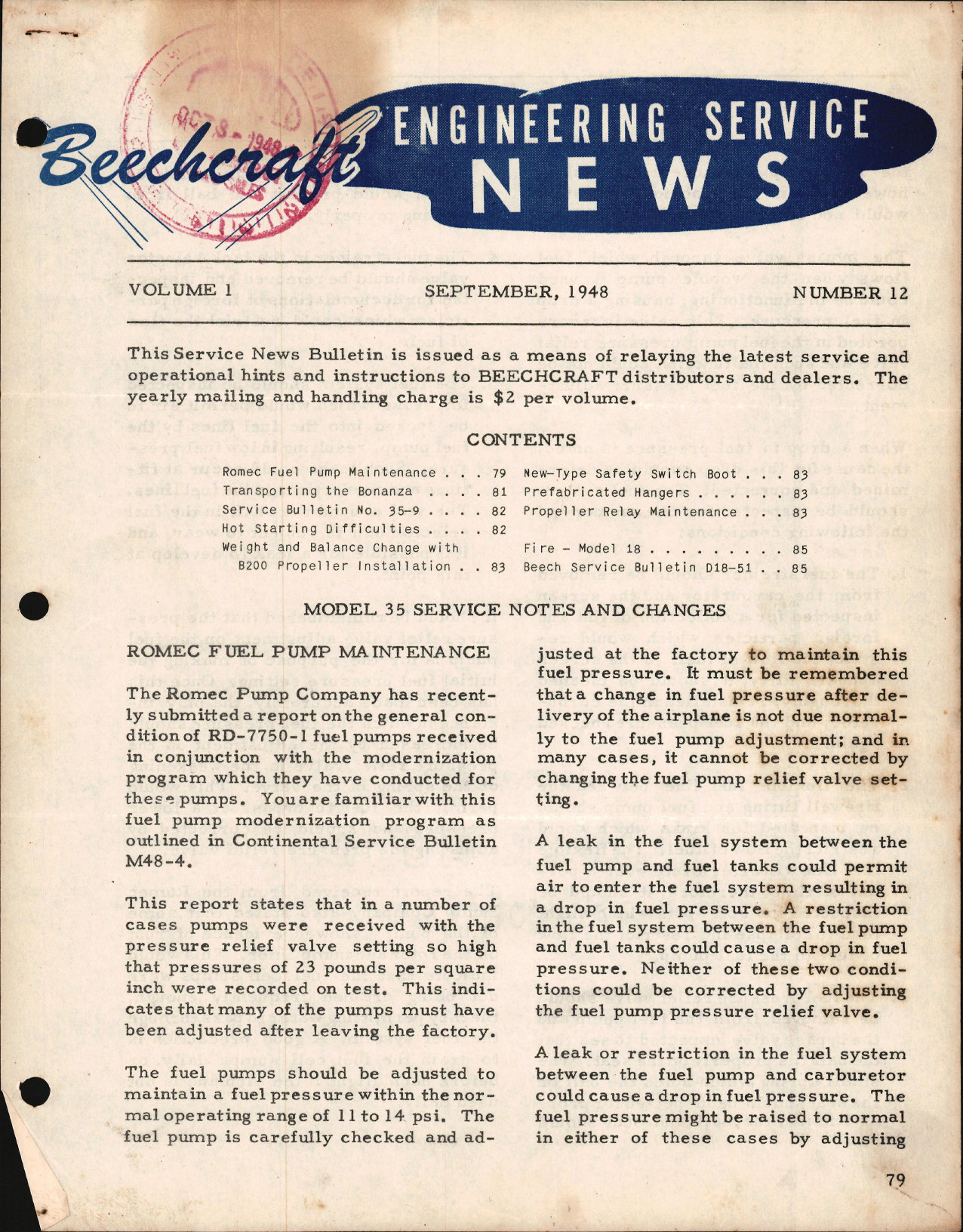 Sample page 1 from AirCorps Library document: Engineering Service News, Model 35 & Model 18 Service Notes and Changes