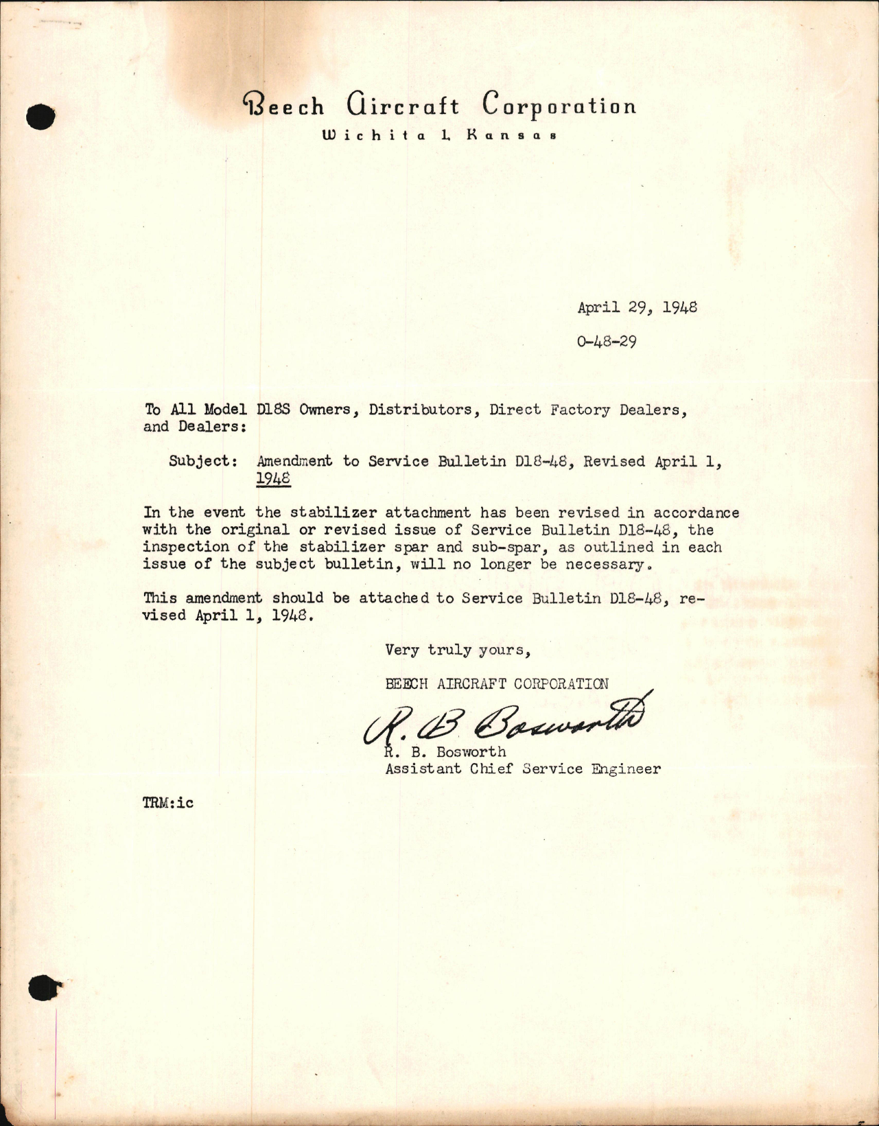 Sample page 1 from AirCorps Library document: Inspection of Stabilizer Spar and Revision of Stabilizer Attachment, Amendment Letter to Bulletin D18-48