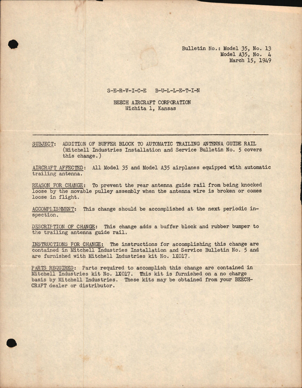 Sample page 1 from AirCorps Library document: Addition of Buffer Block to Automatic Trailing Antenna Guide Rail