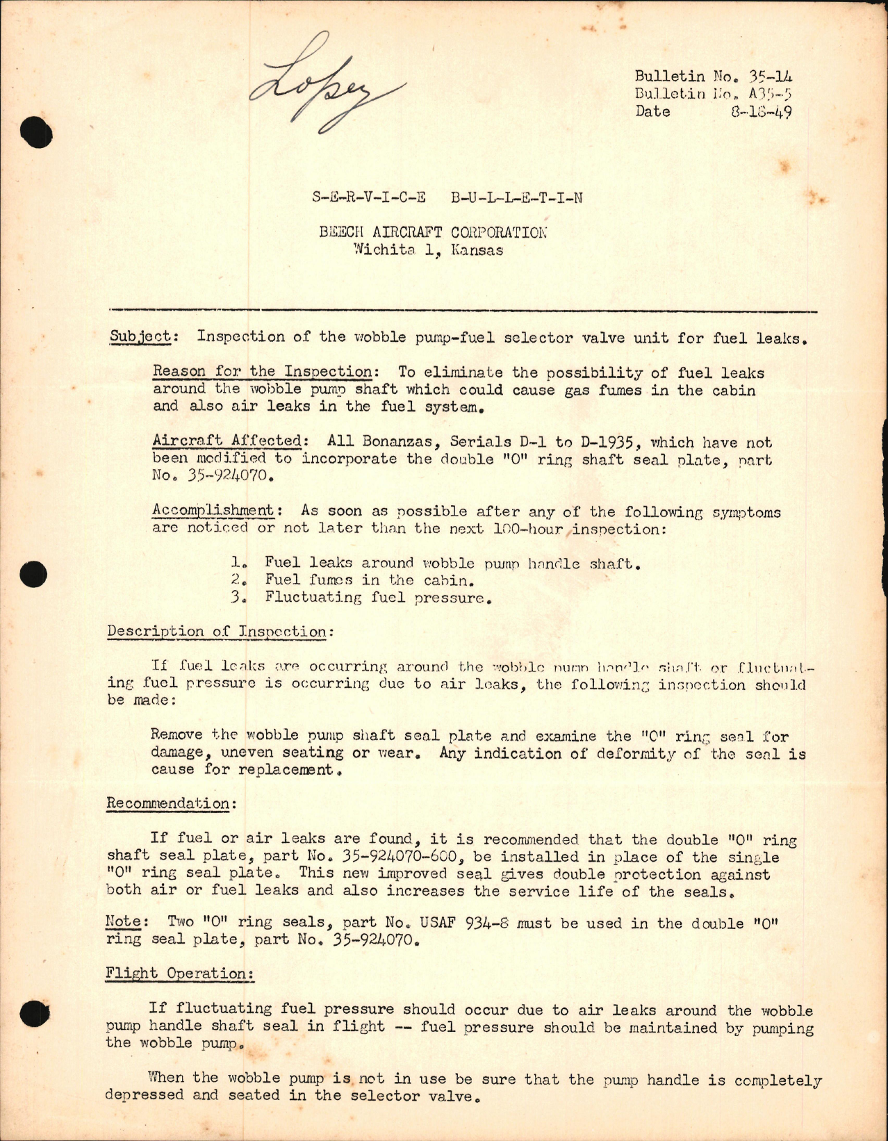 Sample page 1 from AirCorps Library document: Inspection of the Wobble Pump-Fuel Selector Valve Unit for Fuel Leaks