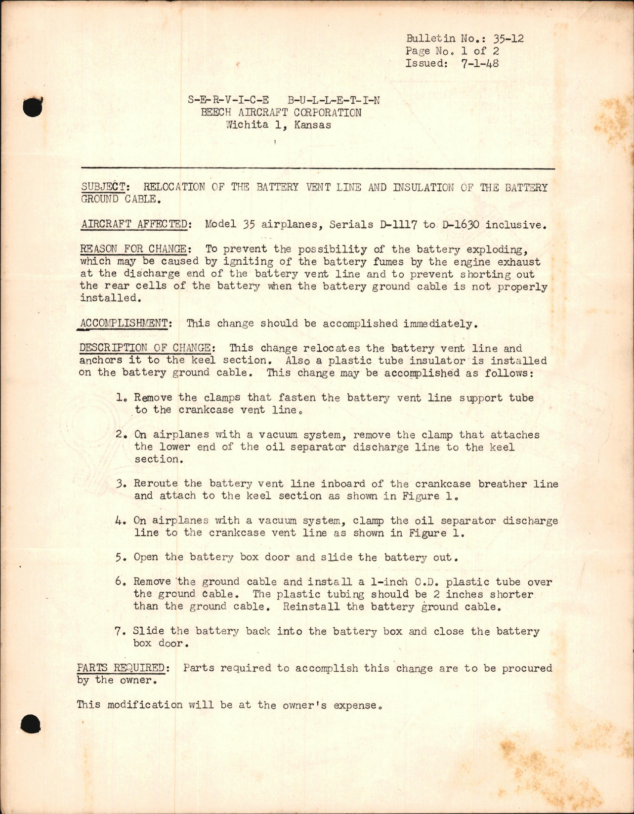 Sample page 1 from AirCorps Library document: Relocation of the Battery Vent Line and Insulation of the Battery Ground Cable