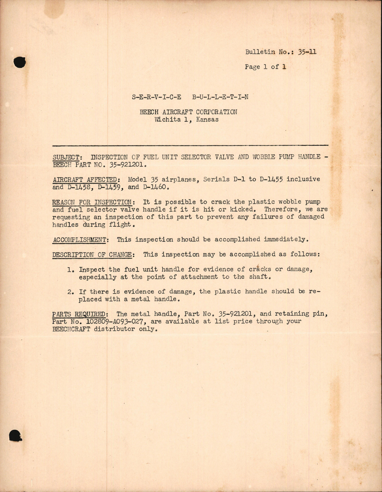 Sample page 1 from AirCorps Library document: Inspection of Fuel Unit Selector Valve and Wobble Pump Handle, Part No. 35-921201