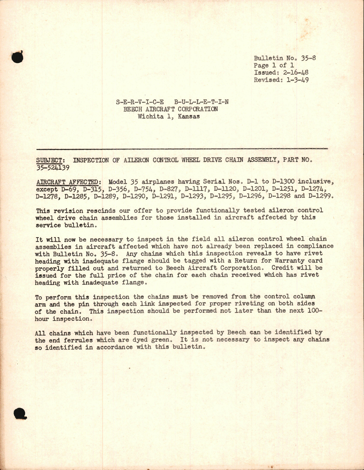 Sample page 1 from AirCorps Library document: Inspection of Aileron Control Wheel Drive Chain Assembly, Part No. 35-524139