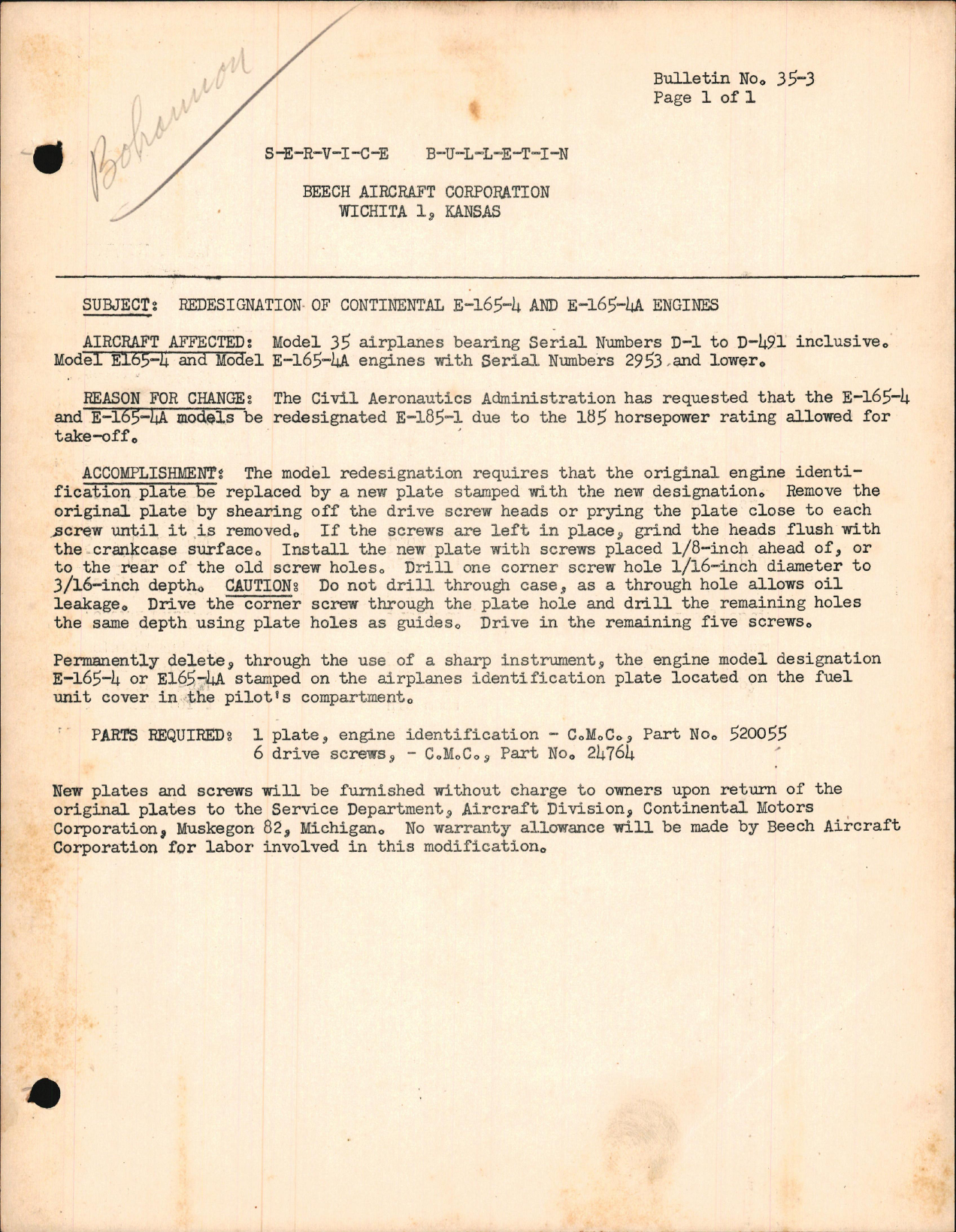 Sample page 1 from AirCorps Library document: Redesignation of Continental E-165-4 & E-165-4A Engines