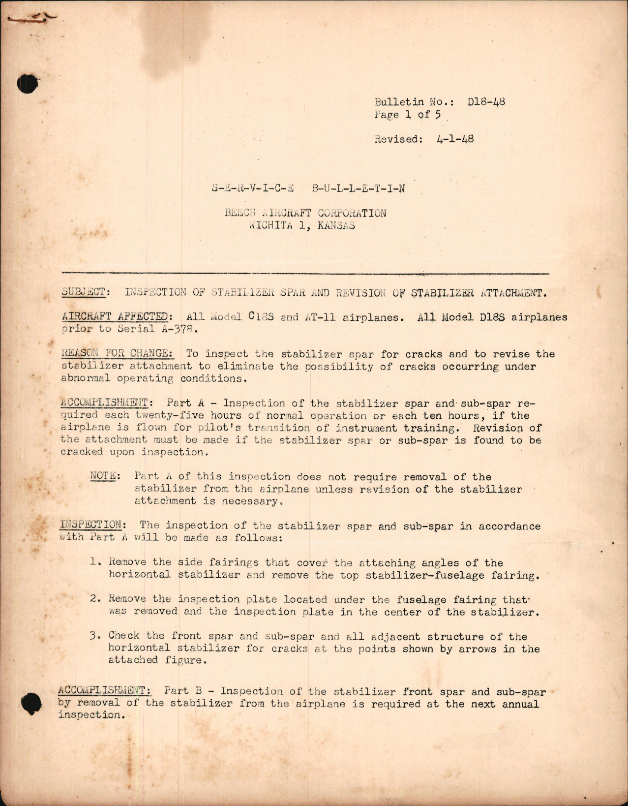 Sample page 1 from AirCorps Library document: Inspection of Stabilizer Spar and Revision of Stabilizer Attachment