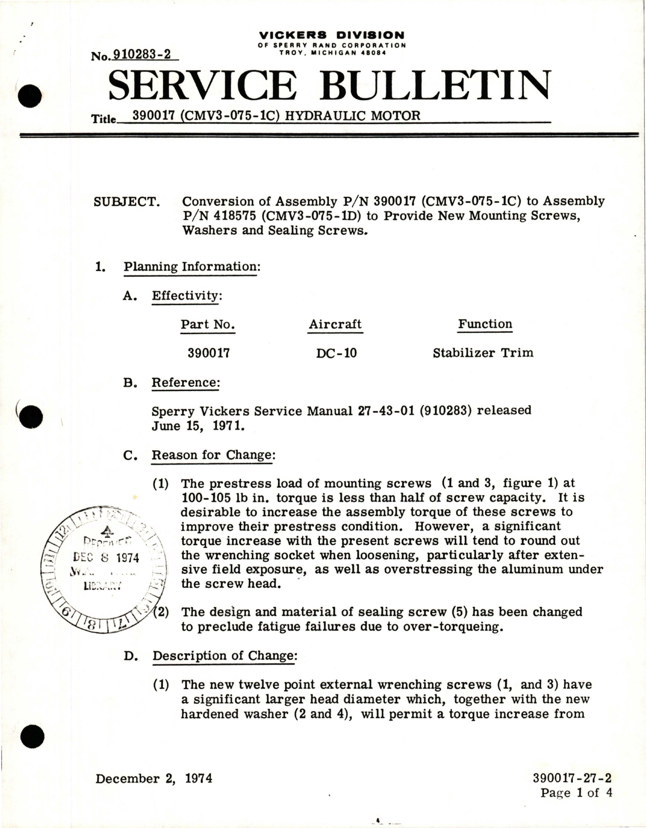 Sample page 1 from AirCorps Library document: Conversion of Assembly 390017 to 418575 - Hydraulic Motor