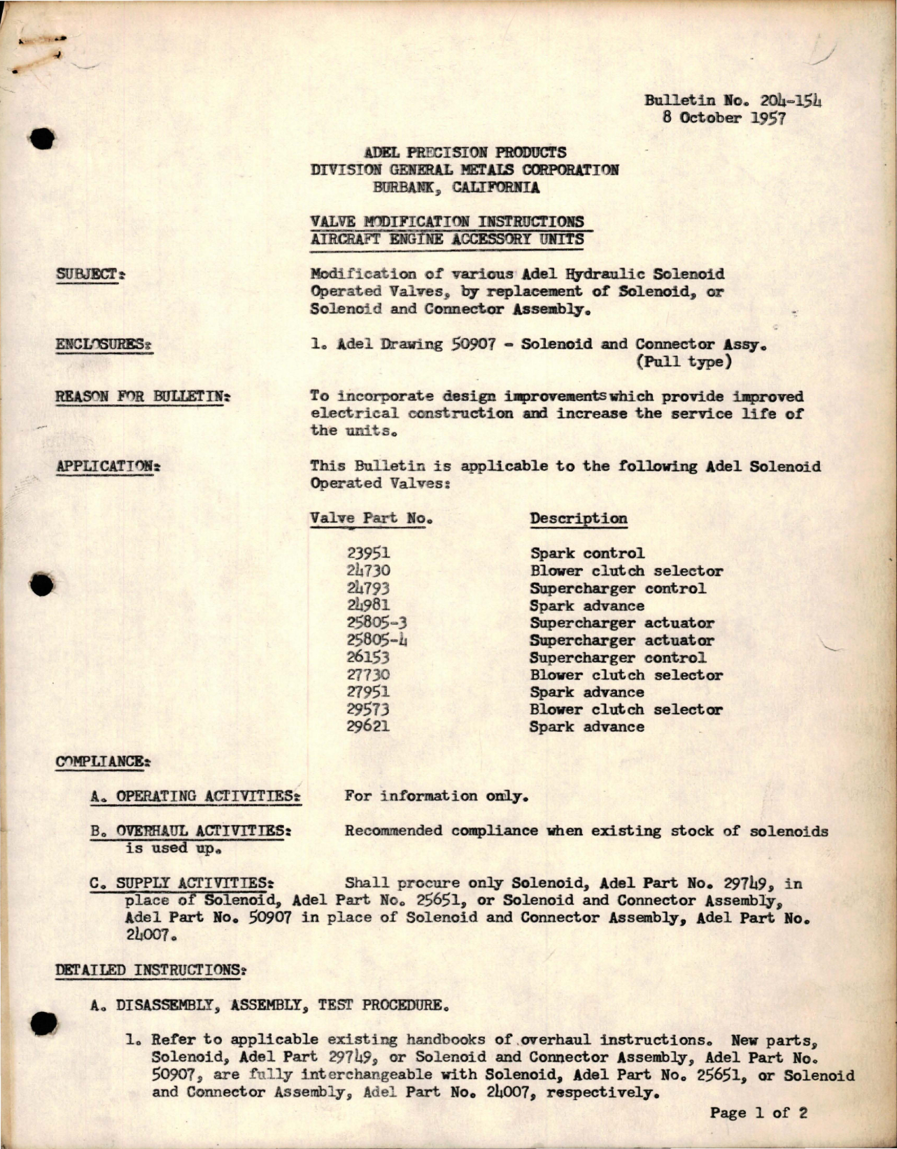 Sample page 1 from AirCorps Library document: Modification of Various Hydraulic Solenoid Operated Valves 