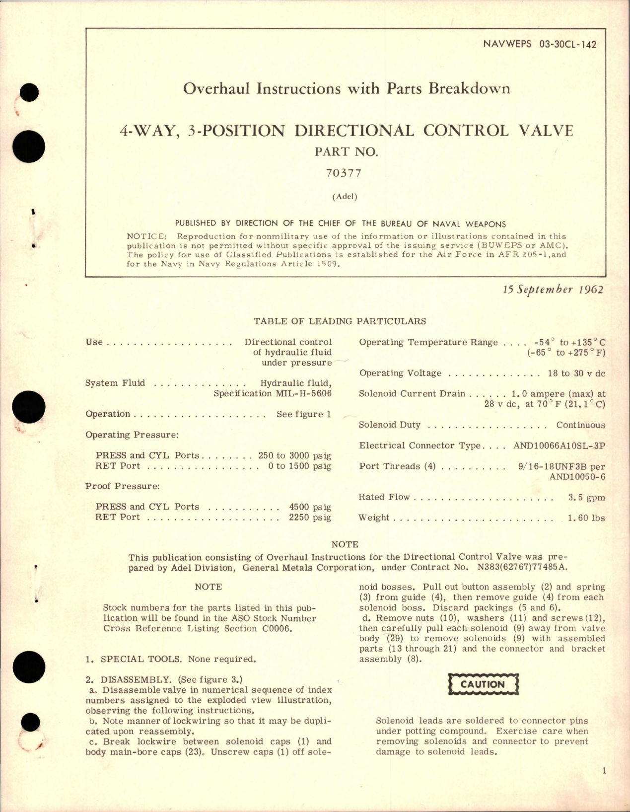 Sample page 1 from AirCorps Library document: Overhaul Instructions w Parts for 4-Way 3-Position Directional Control Valve - Part 70377