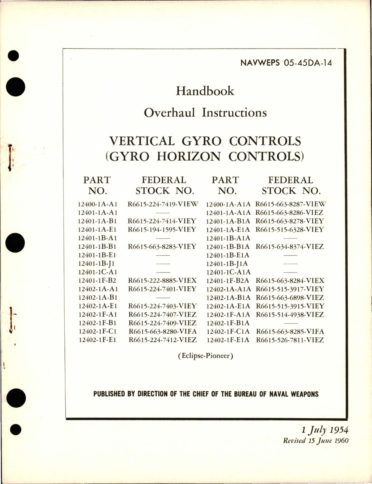 Sample page 1 from AirCorps Library document: Overhaul Instructions for Vertical Gyro Controls