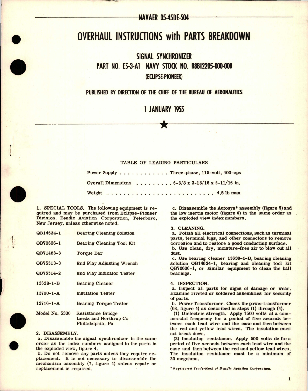 Sample page 1 from AirCorps Library document: Overhaul Instructions with Parts Breakdown for Signal Synchronizer - Part ES-3-A1