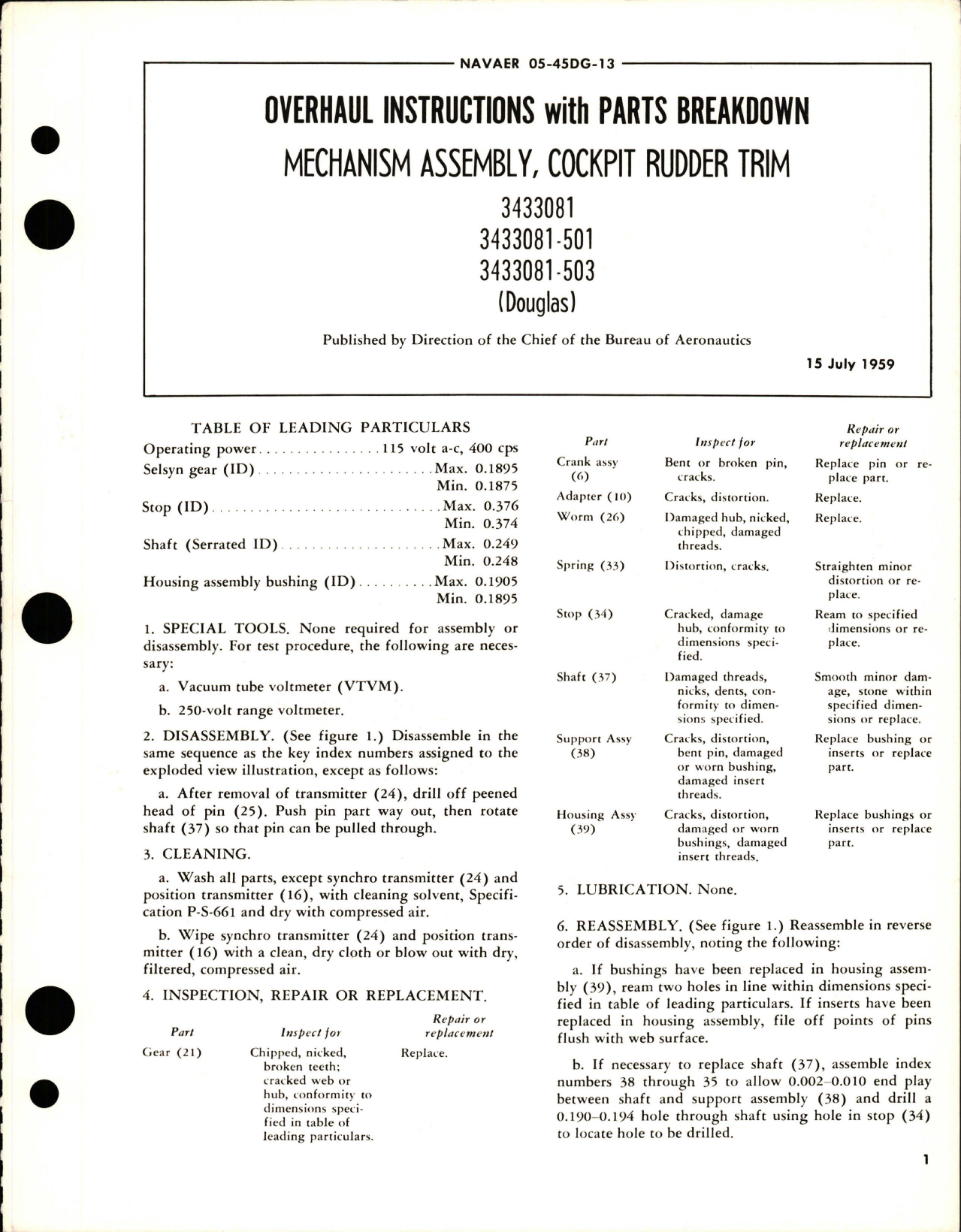 Sample page 1 from AirCorps Library document: Overhaul Instructions with Parts for Cockpit Rudder Trim Mechanism Assembly - 3433081, 3433081-501, and 3433081-503