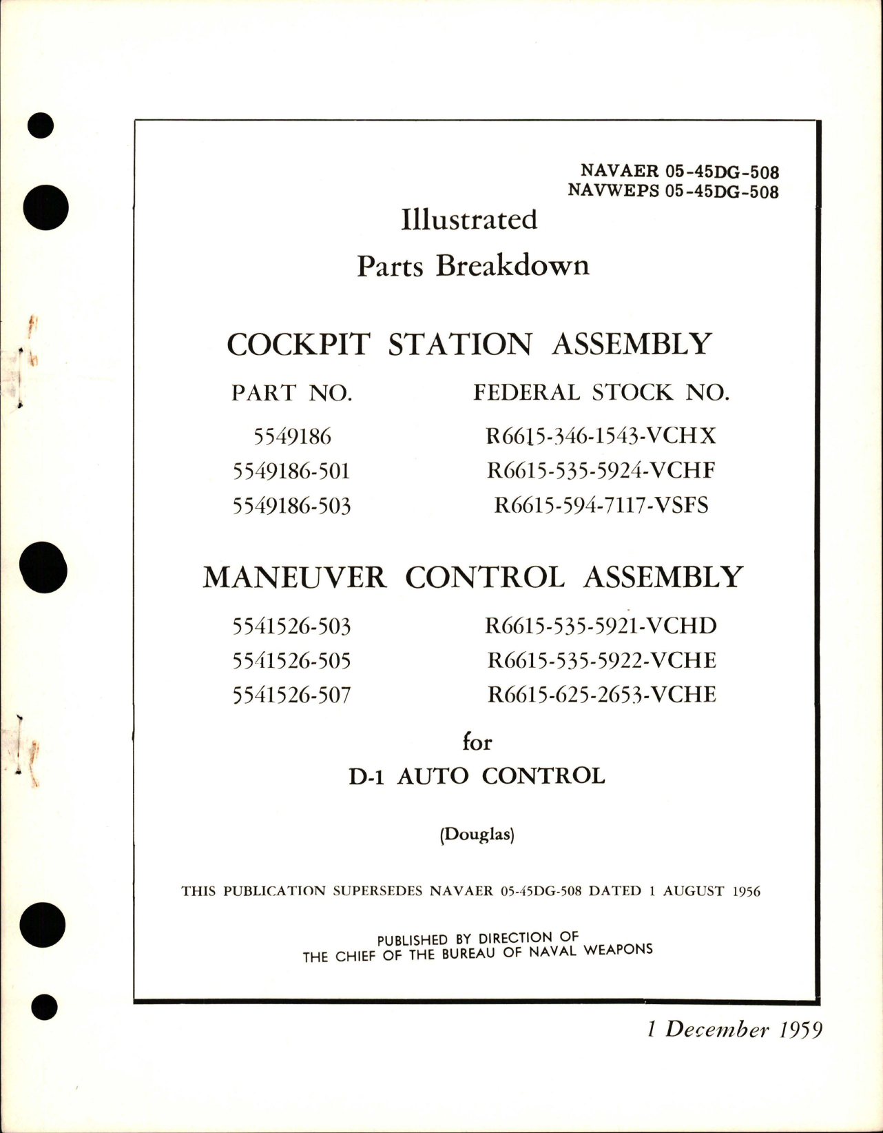 Sample page 1 from AirCorps Library document: Illustrated Parts Breakdown for Cockpit Station Assembly, Maneuver Control Assembly for D-1 Auto Control