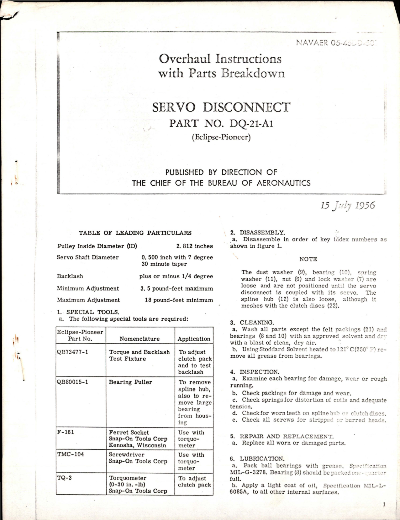 Sample page 1 from AirCorps Library document: Overhaul Instructions with Parts for Servo Disconnect - Part DQ-21-A1
