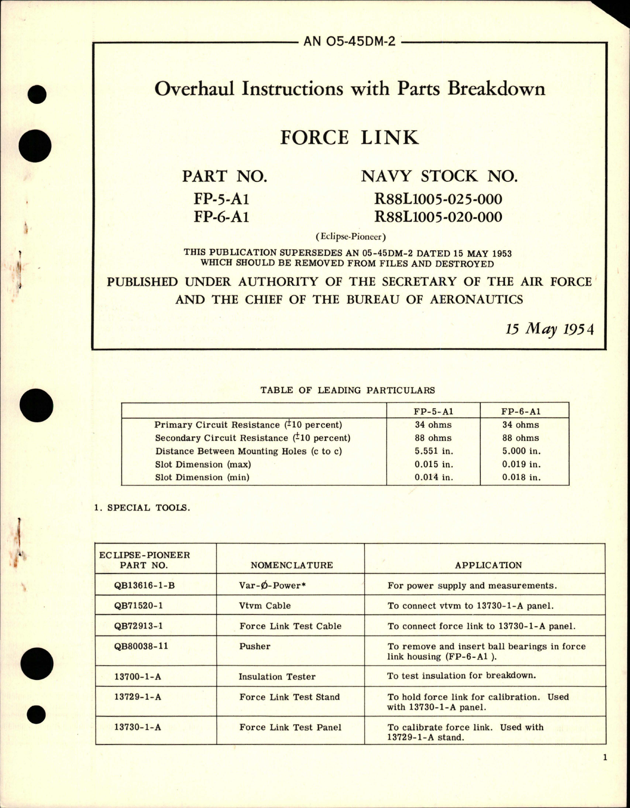 Sample page 1 from AirCorps Library document: Overhaul Instructions with Parts for Force Link - Part FP-5-A1, FP-6-A1