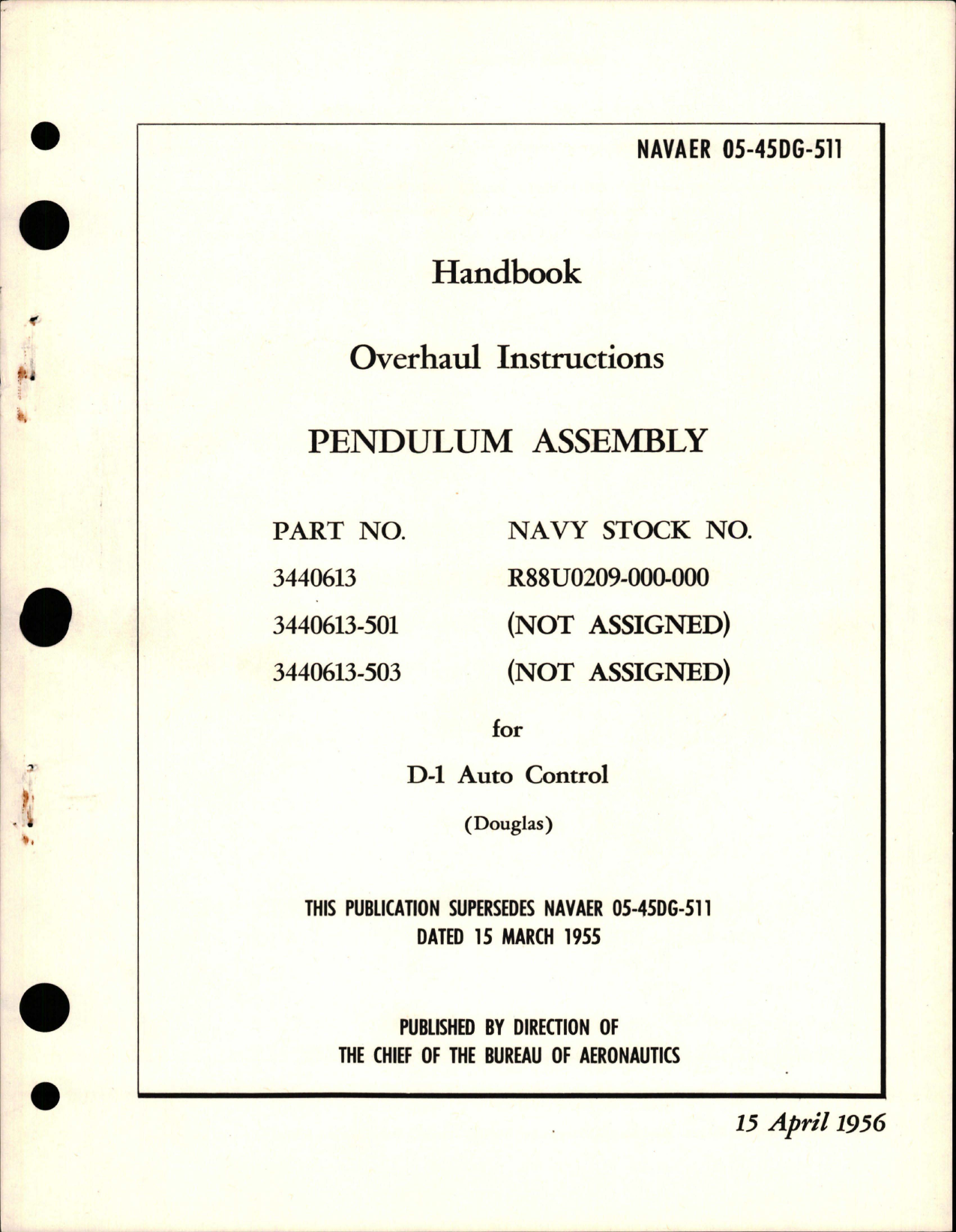Sample page 1 from AirCorps Library document: Overhaul Instructions for Pendulum Assy - Parts 3440613, 3440613-501, and 3440613-503 for D-1 Auto Control