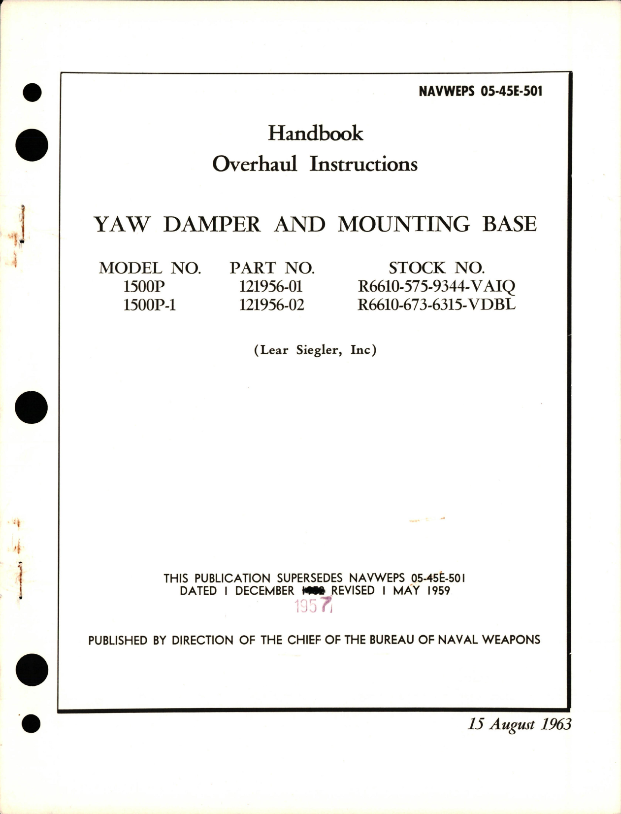 Sample page 1 from AirCorps Library document: Overhaul Instructions for Yaw Damper and Mounting Base - Model 1500P and 1500P-1 - Parts 121956-01 and 121956-02