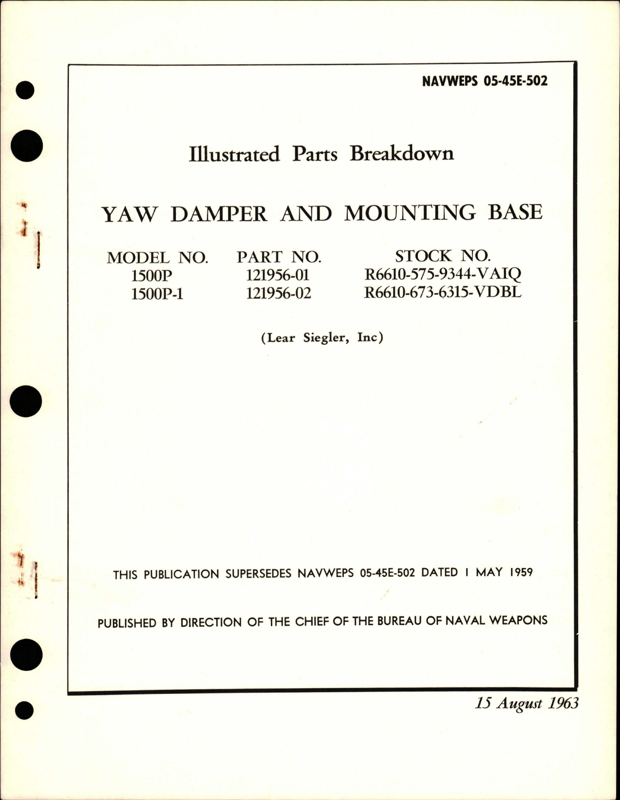 Sample page 1 from AirCorps Library document: Illustrated Parts Breakdown for Yaw Damper and Mounting Base - Models 1500P, and 1500P-1 - Parts 121956-01 and 12156-02