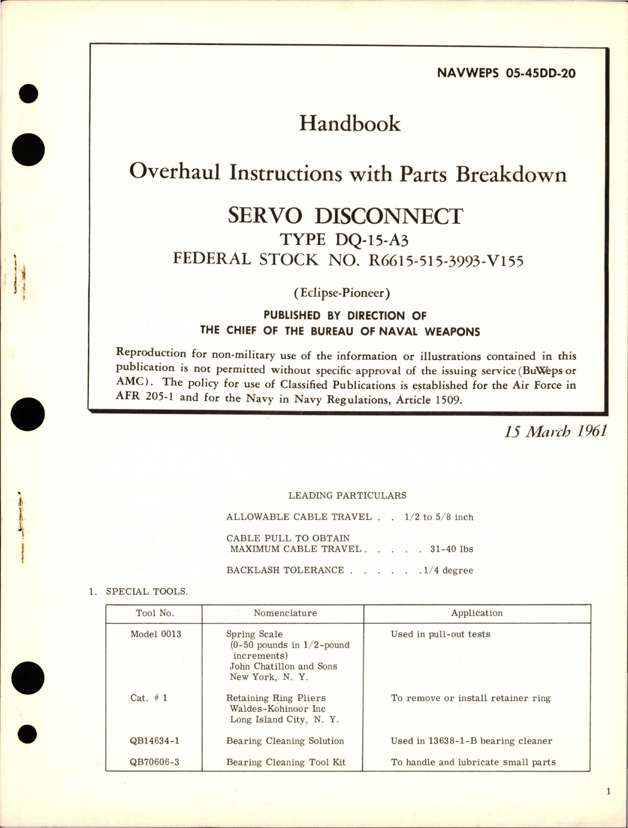 Sample page 1 from AirCorps Library document: Overhaul Instructions with Parts for Servo Disconnect - Type DQ-15-A3